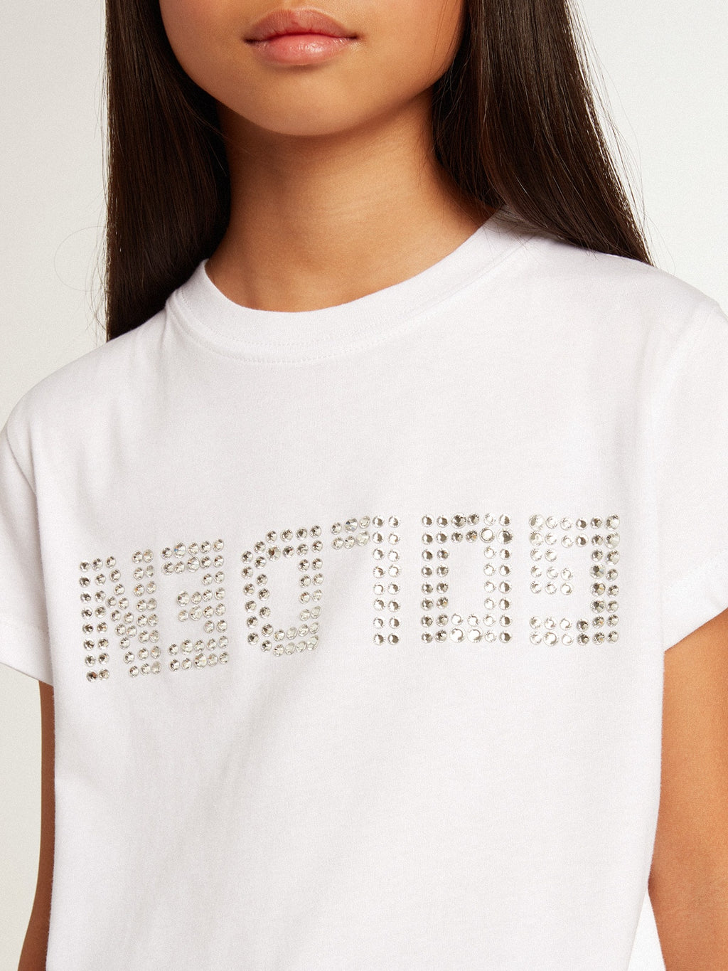 White T-shirt with central Golden lettering in crystals| Golden Goose