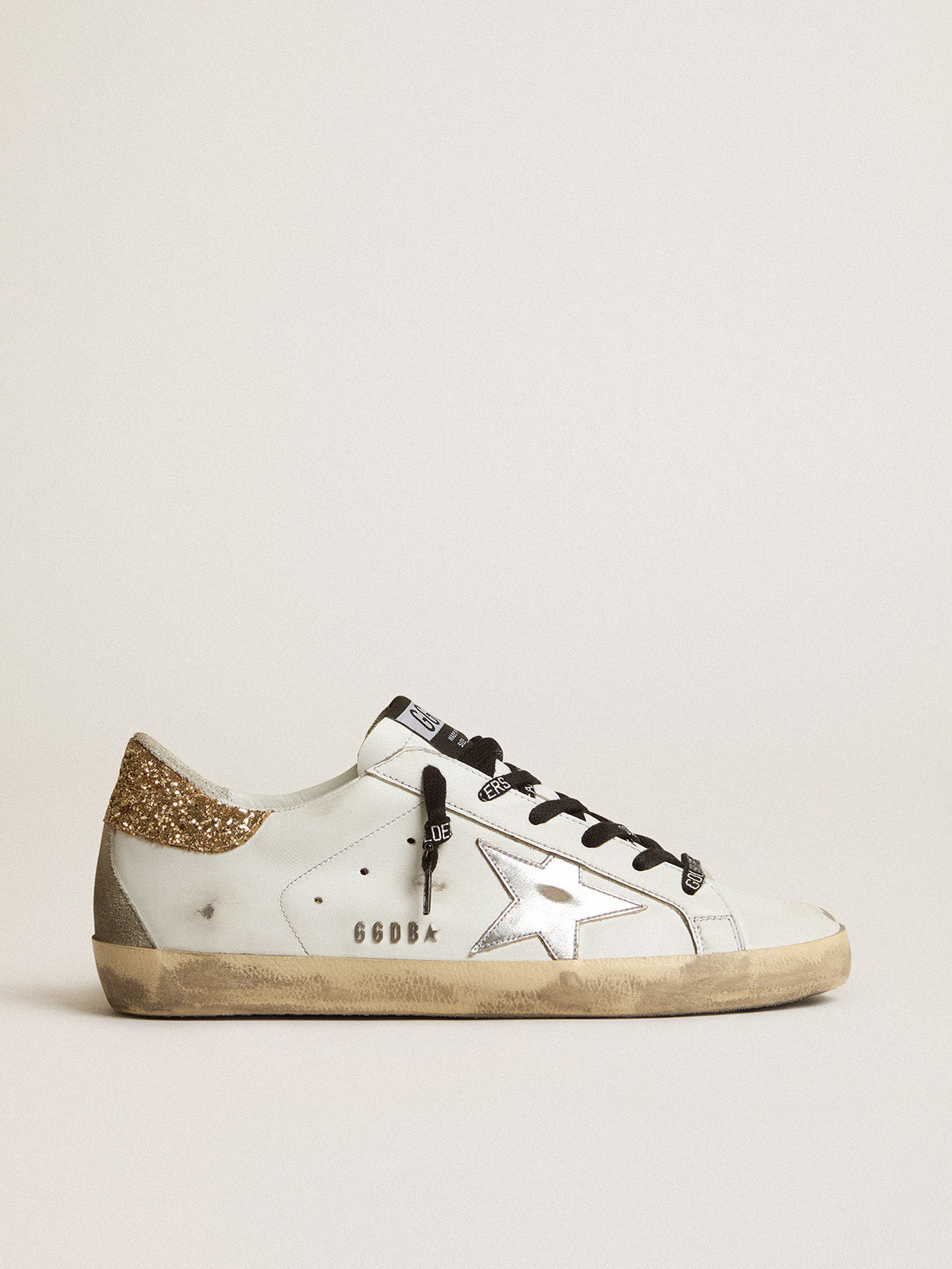 White leather Super-Star sneakers with glittery heel tab| Golden Goose