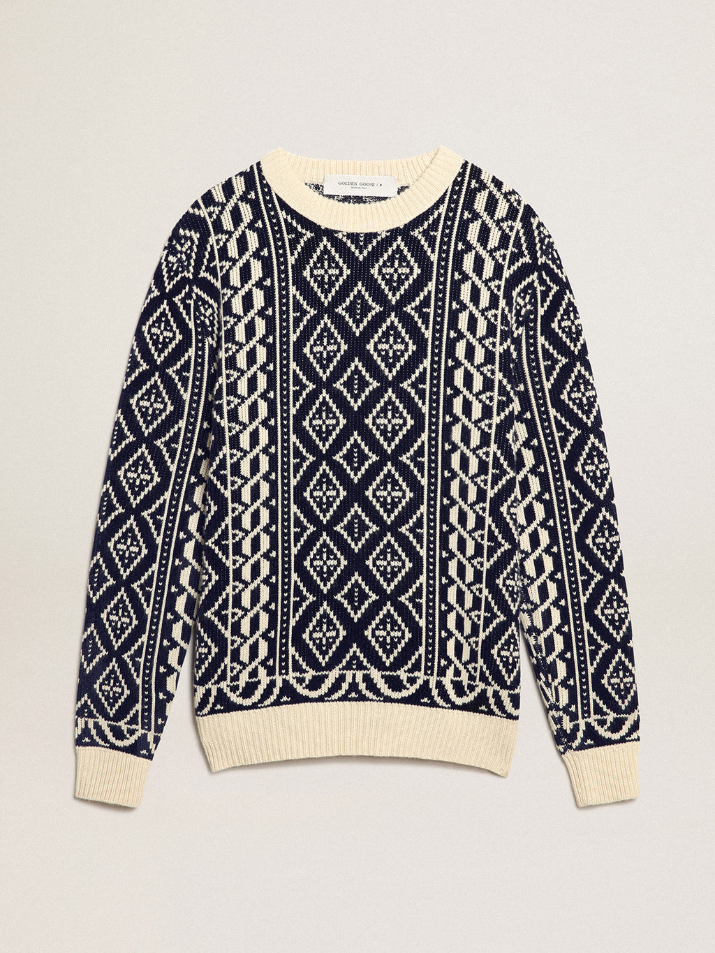 Round-neck sweater with parchment and blue geometric pattern| Golden Goose