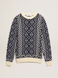 Round-neck sweater with parchment and blue geometric pattern| Golden Goose