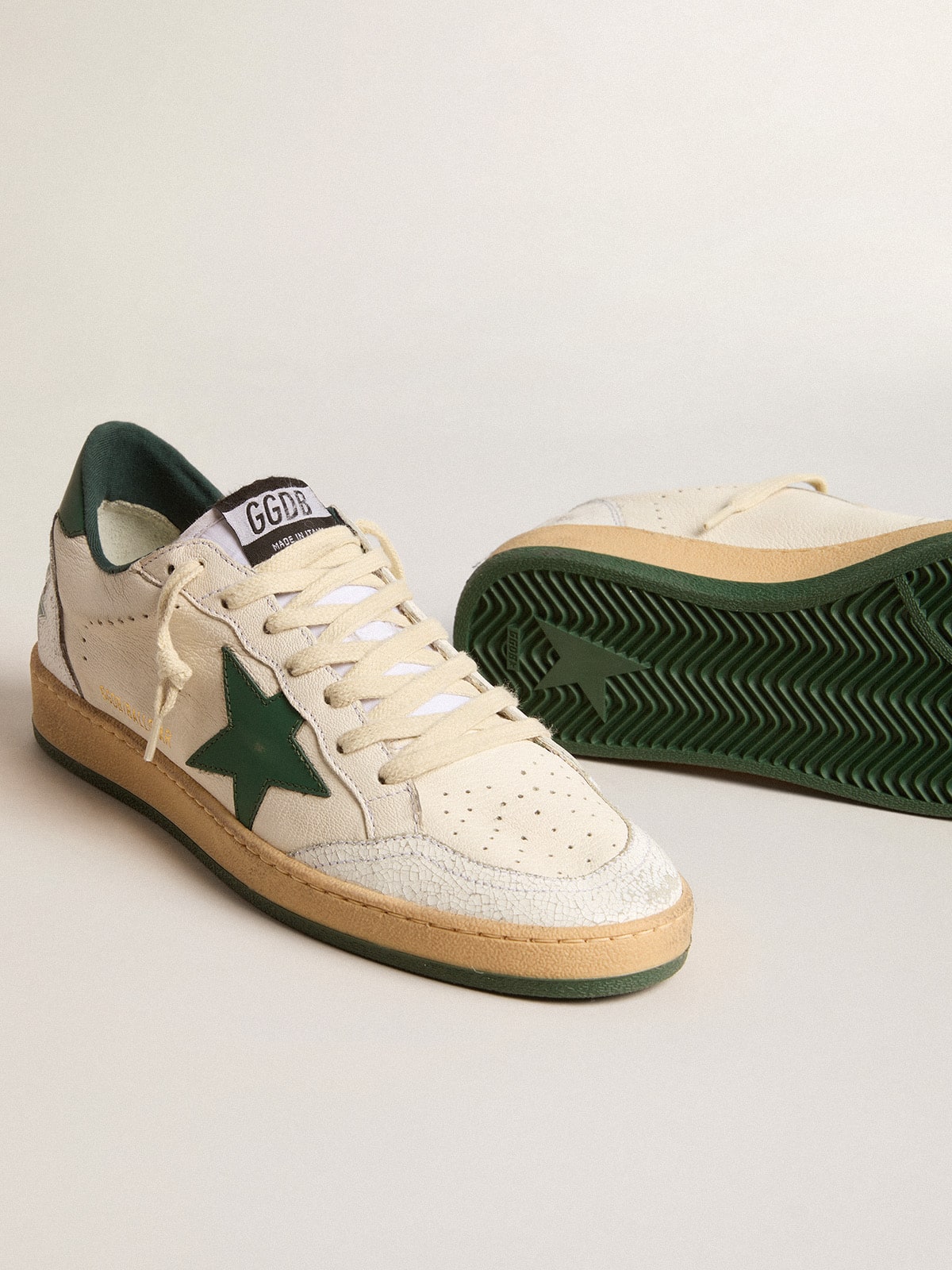 Men's Ball Star Wishes in white nappa leather with green leather star and heel tab| Golden Goose