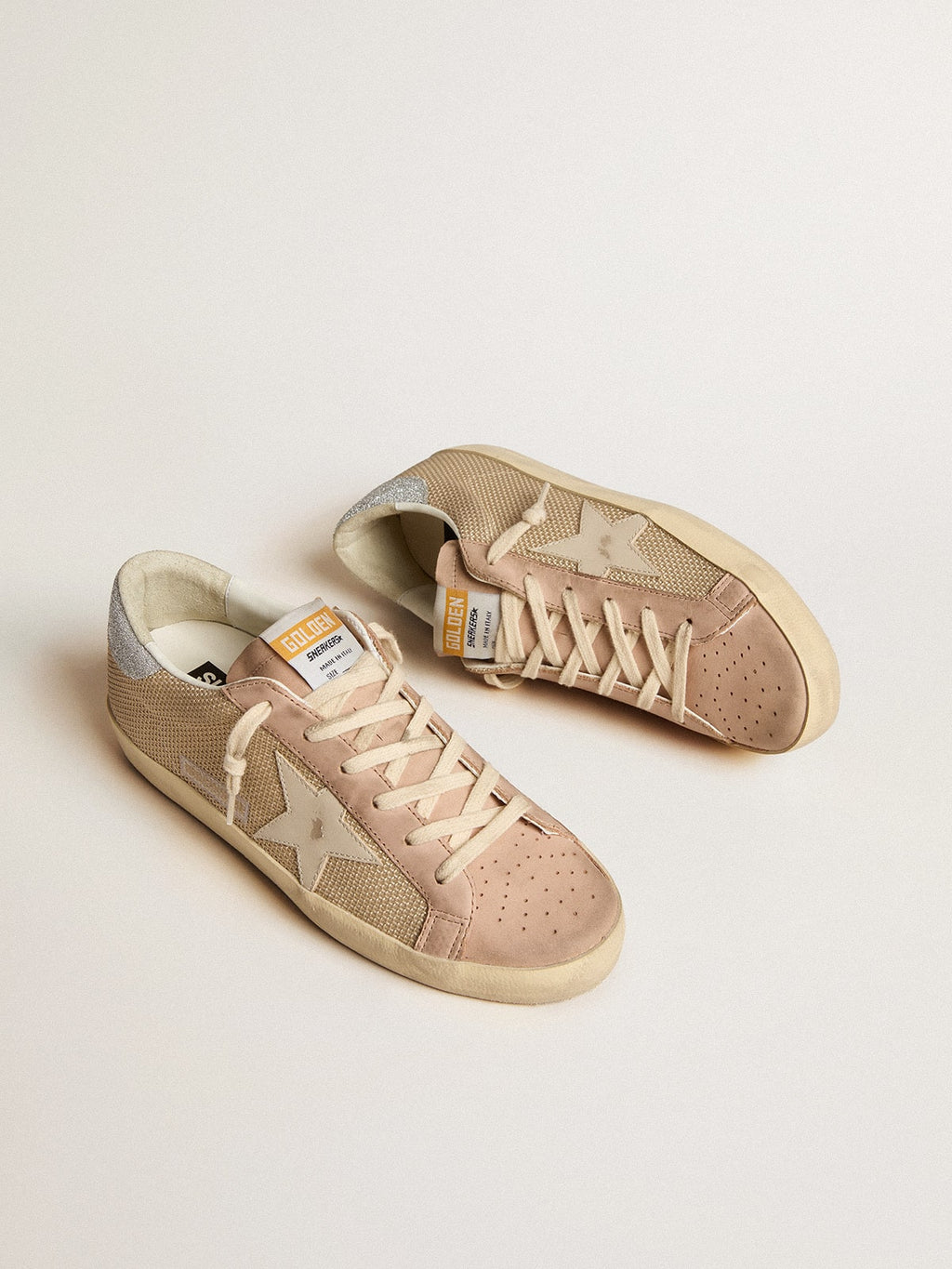 Super-Star LTD in white mesh and pink nubuck with Swarovski crystals heel tab| Golden Goose