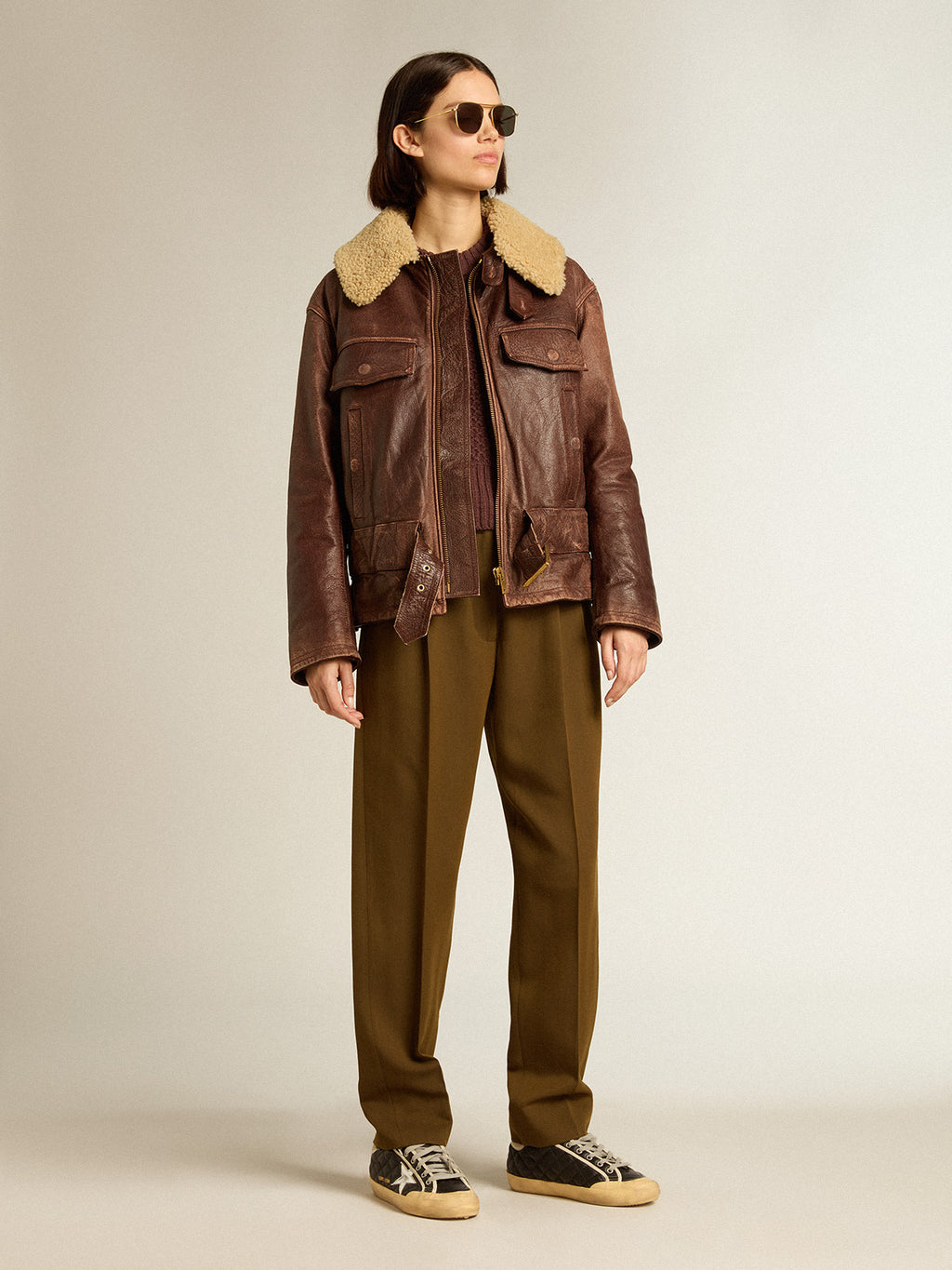 Beech-colored pants in wool and viscose blend| Golden Goose