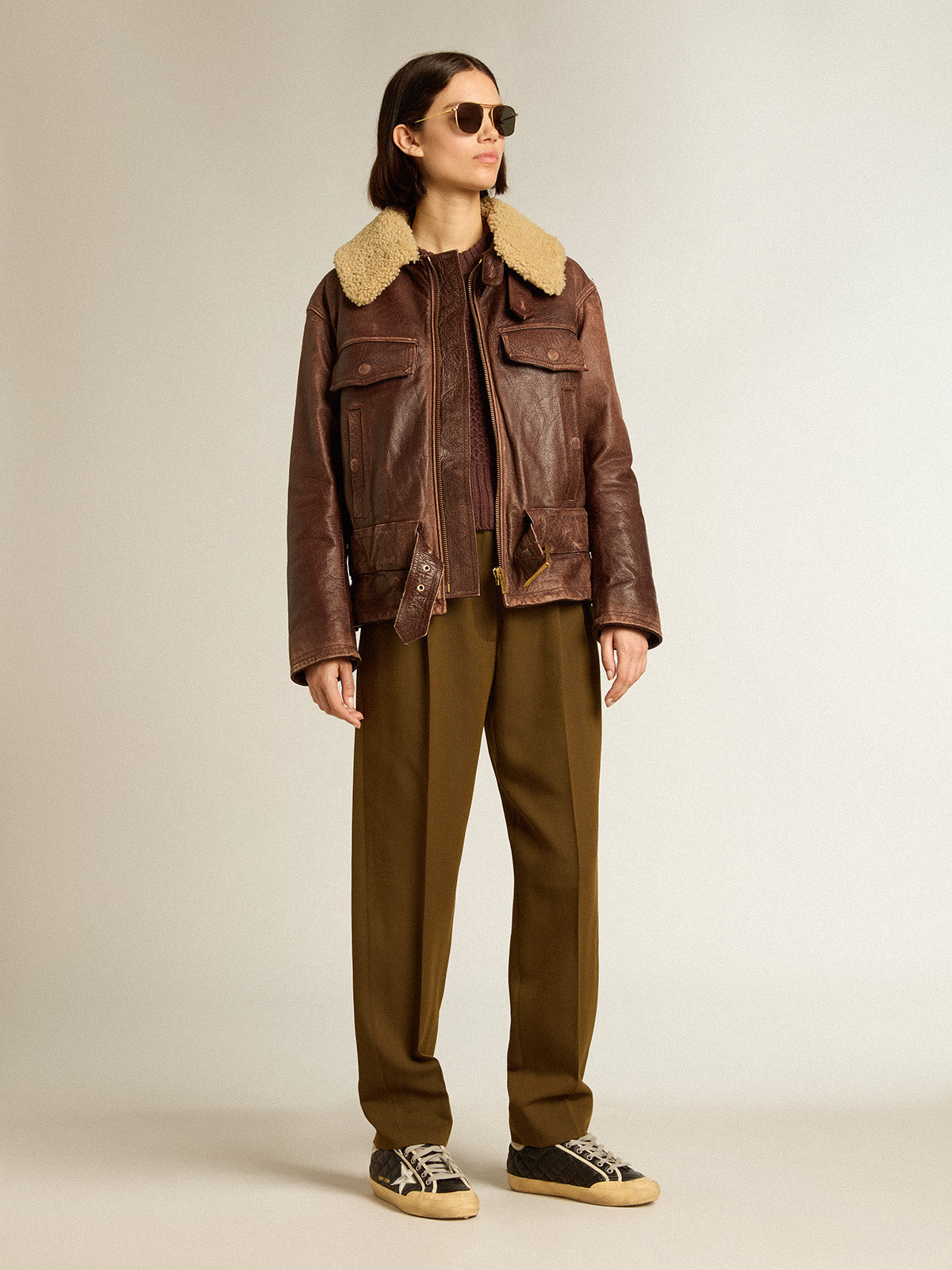 Beech-colored pants in wool and viscose blend| Golden Goose