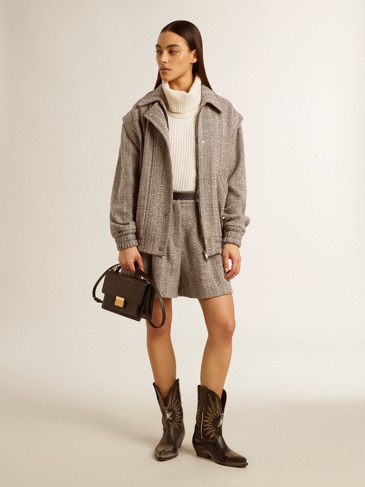 Women's bomber jacket in ecru brown herringbone wool| Golden Goose