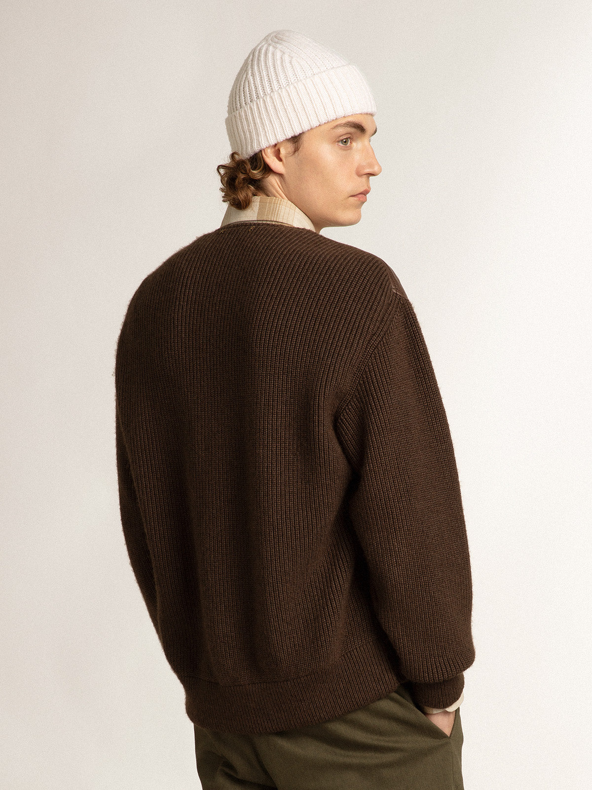 Chocolate-colored leather and knit V-neck cardigan| Golden Goose