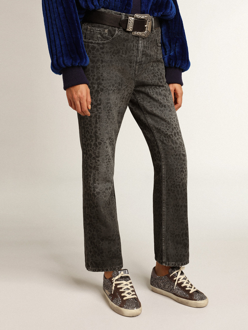Women's gray jeans with leopard print| Golden Goose