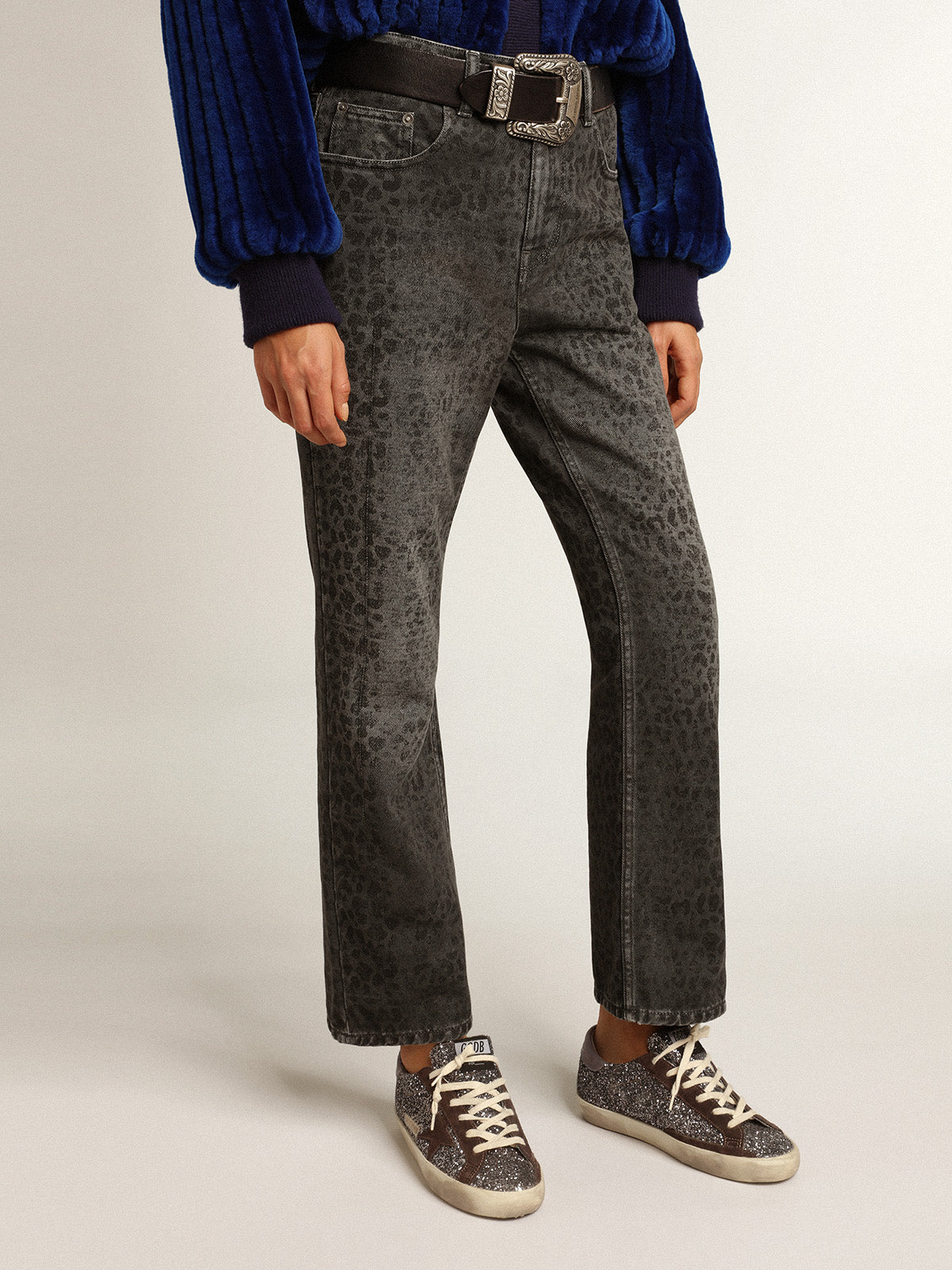 Women's gray jeans with leopard print| Golden Goose