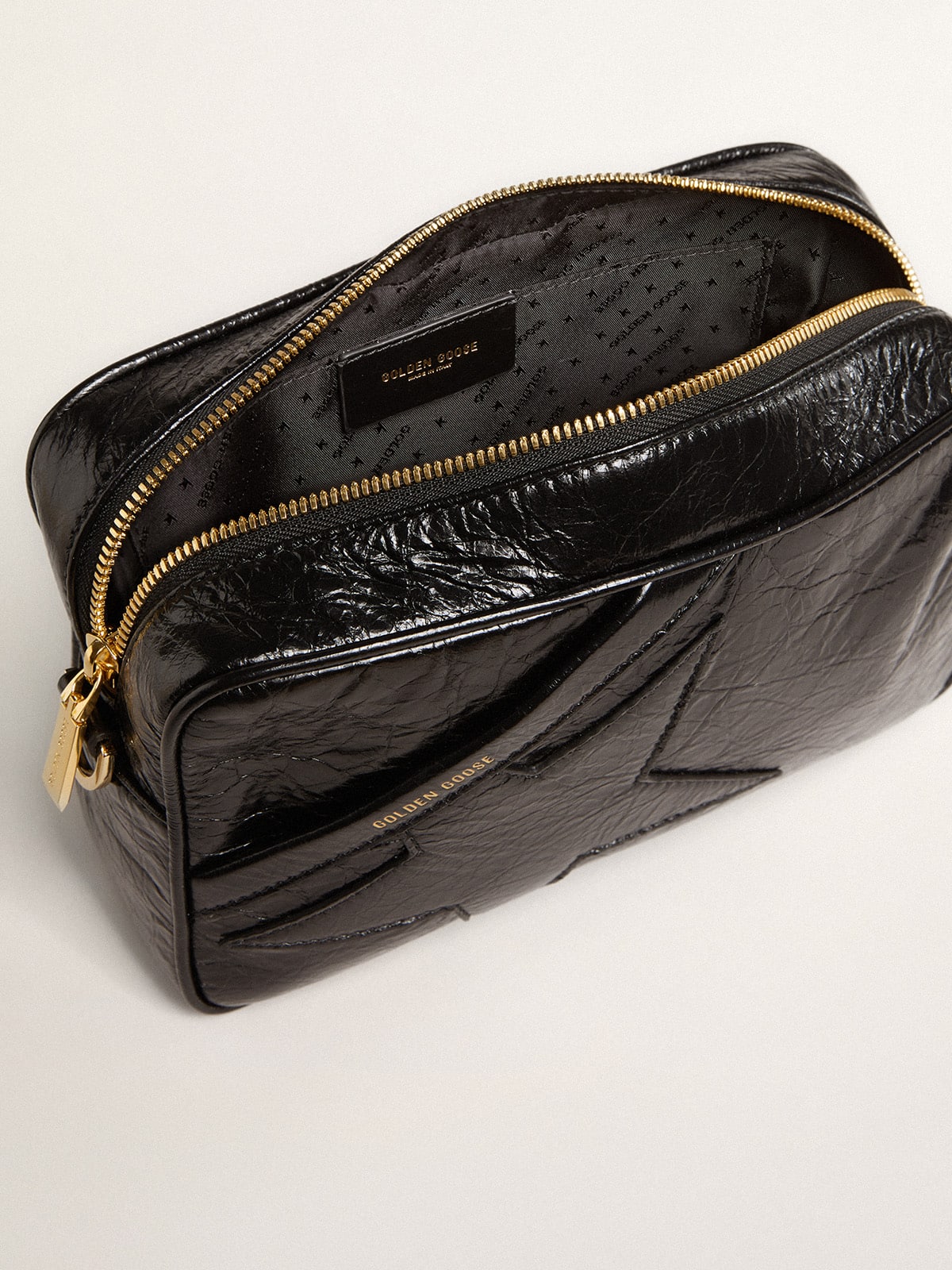 Star Bag in glossy black leather with tone-on-tone star| Golden Goose