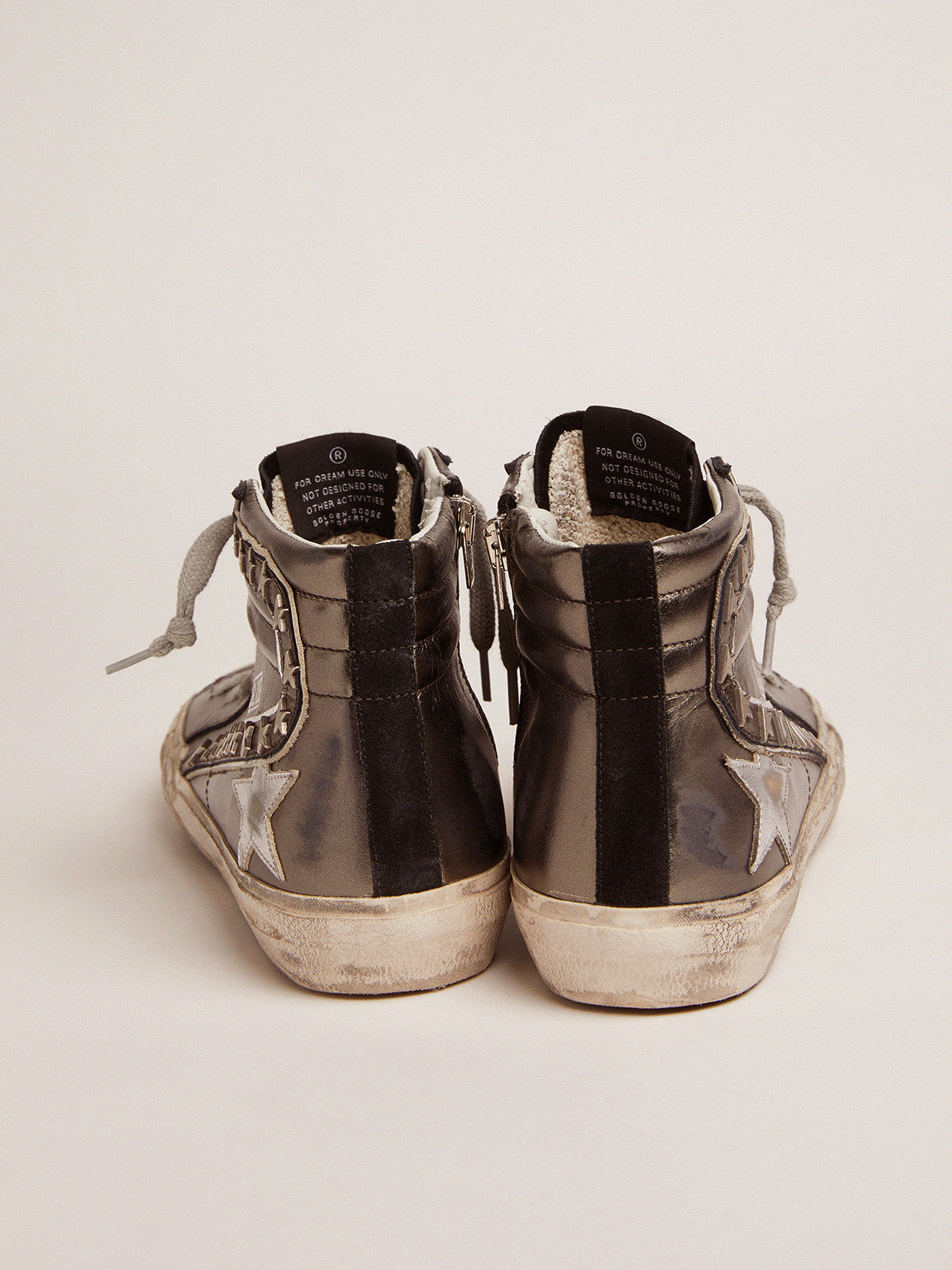 Women's Slide with silver laminated leather upper and studs| Golden Goose