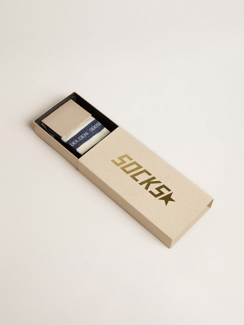 Blue socks with contrasting white stripes and white logo| Golden Goose