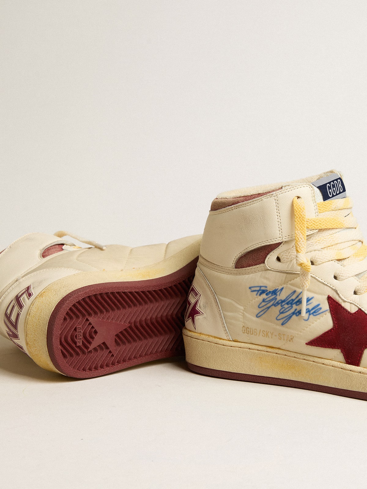 Sky-Star in beige nylon and nappa with pomegranate suede star| Golden Goose