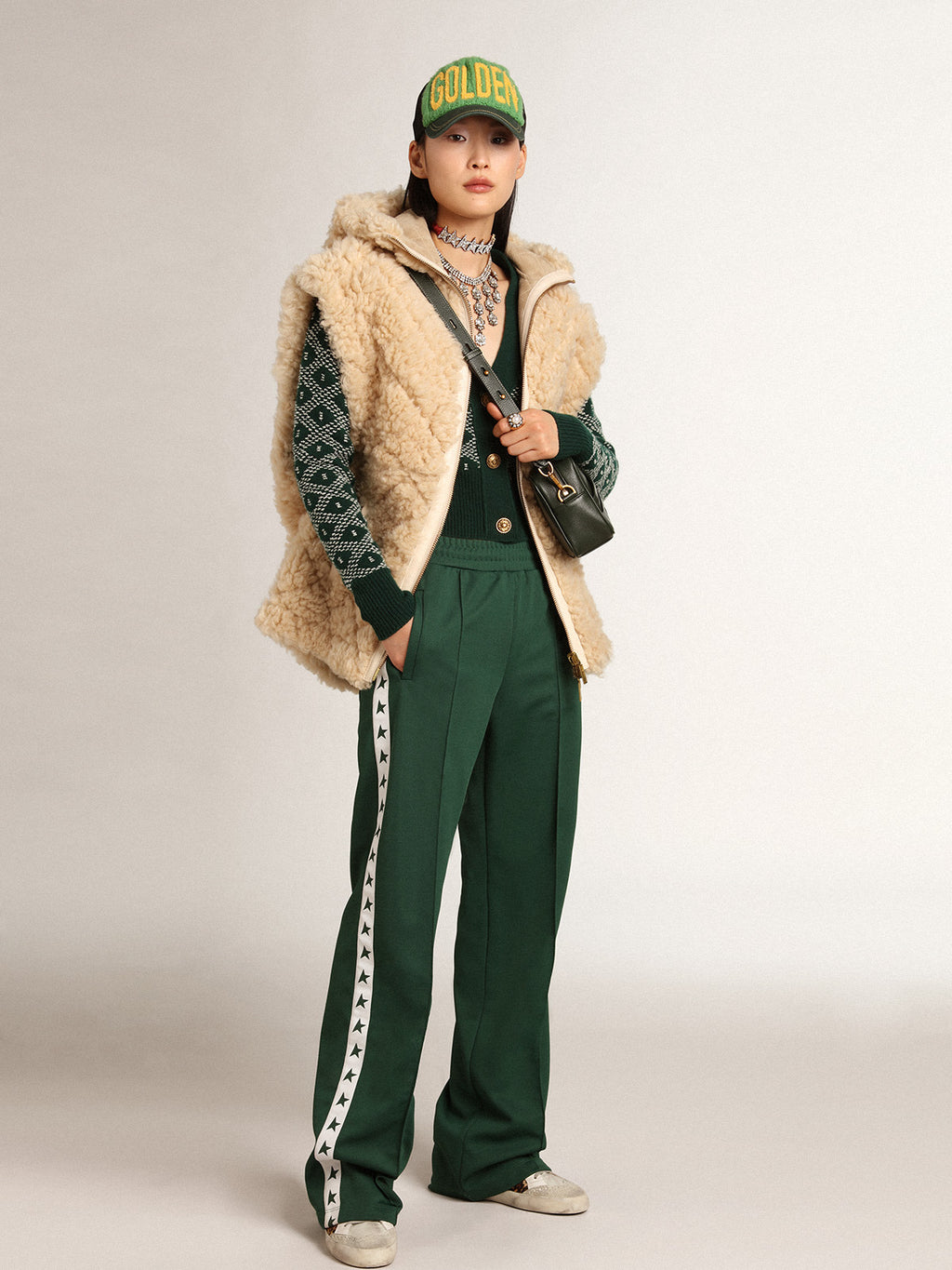 Women's cropped cardigan with green and white jacquard diamond pattern| Golden Goose