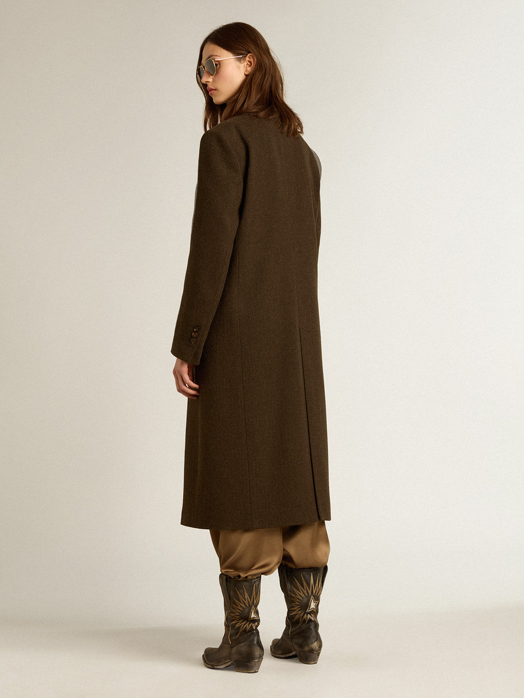 Women's one-and-a-half-breasted coat in bark-colored wool| Golden Goose