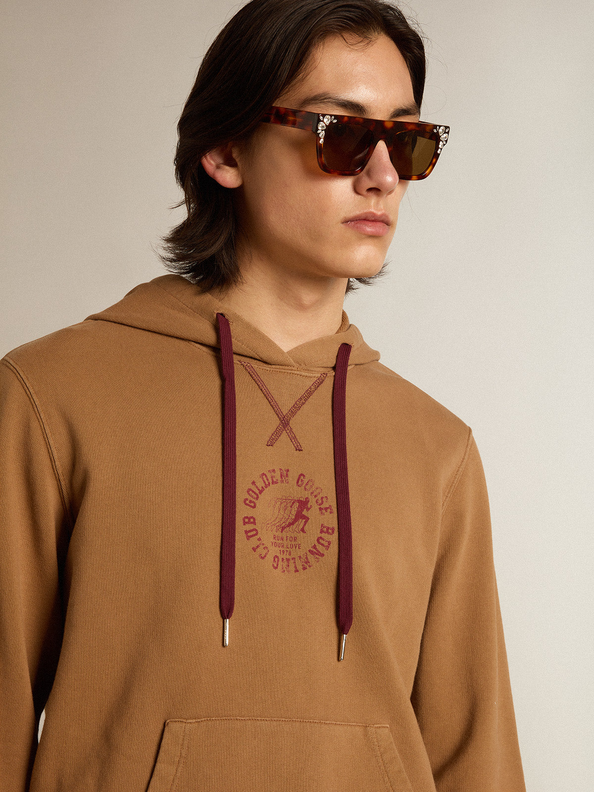 Malt-colored cotton sweatshirt with hood| Golden Goose