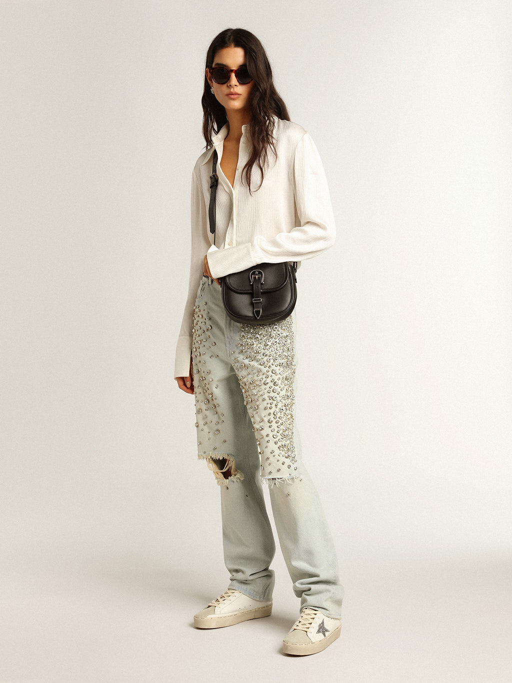 Hi Star with silver glitter star and dove-gray nubuck heel tab| Golden Goose