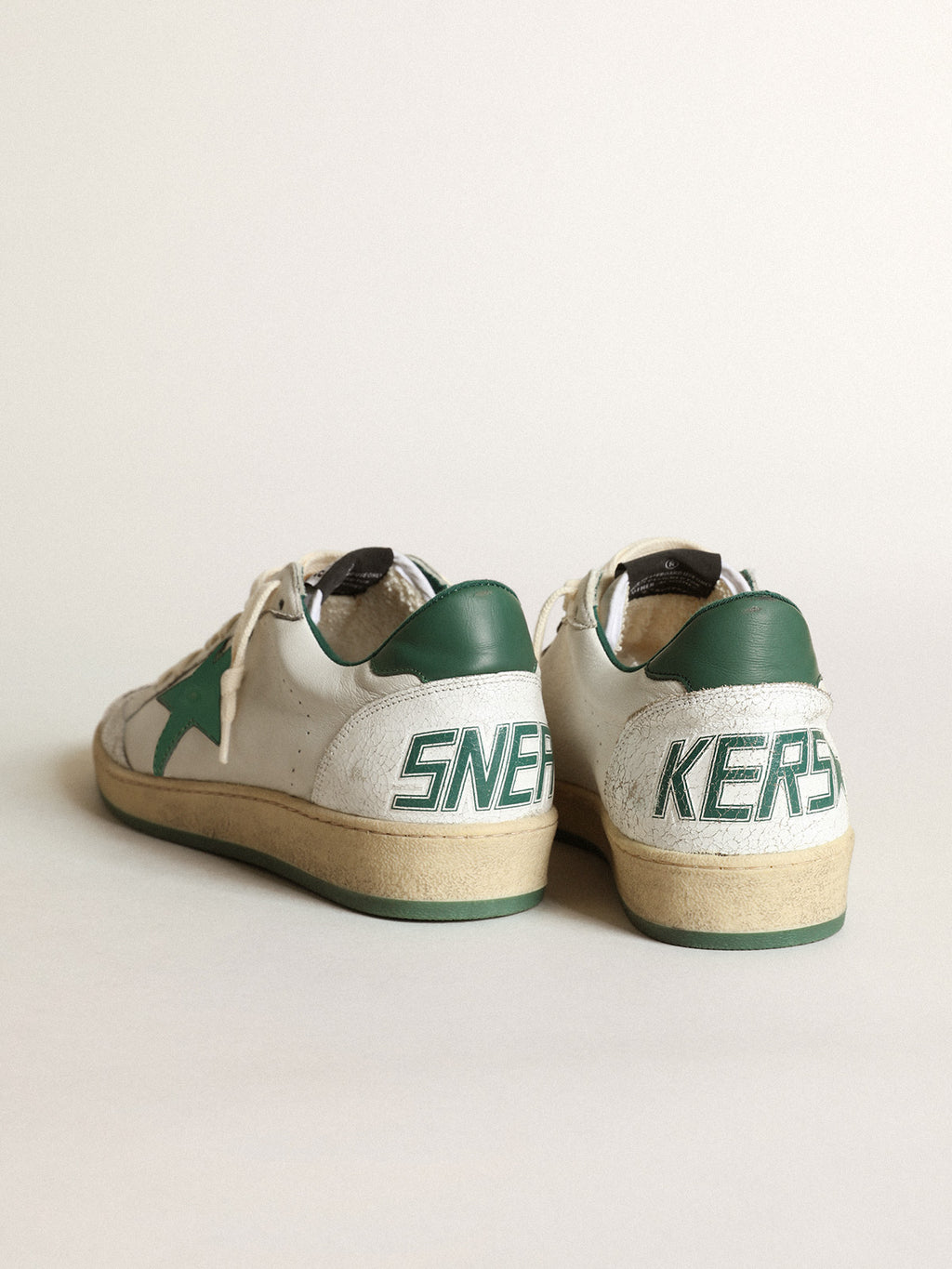 Men's Ball Star in white nappa leather with green leather star and heel tab| Golden Goose
