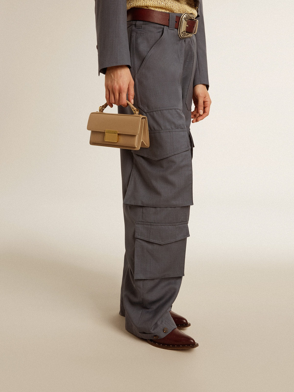 Small Venezia Bag in beige boarded leather with gold details| Golden Goose