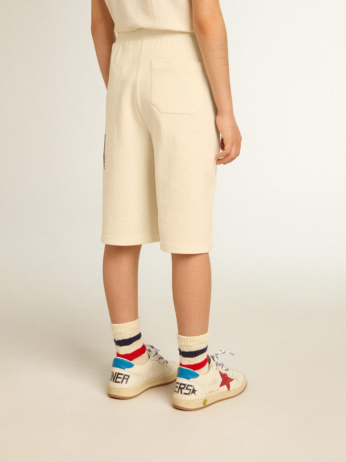 Boys' Bermuda shorts in aged white with print on the front| Golden Goose