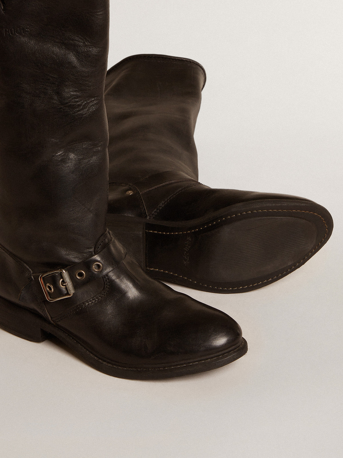High Biker boots in black leather with silver studs and buckles| Golden Goose