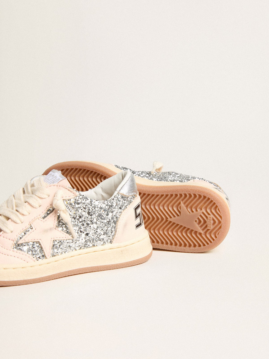Young Ball Star in glitter with silver metallic leather heel tab| Golden Goose