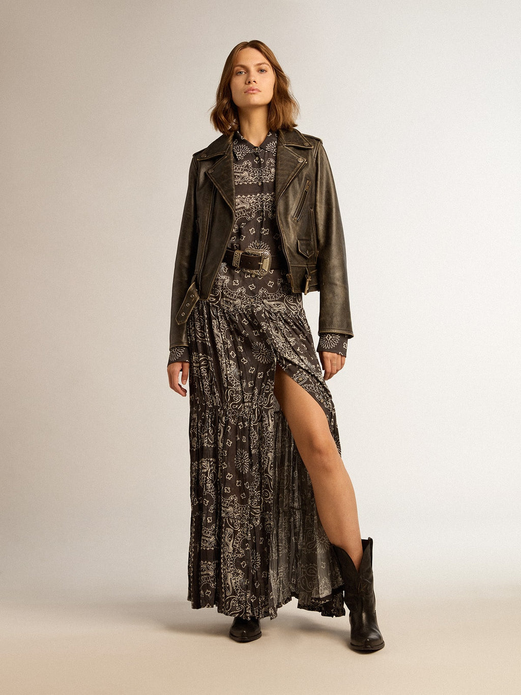 Women's black leather biker jacket| Golden Goose