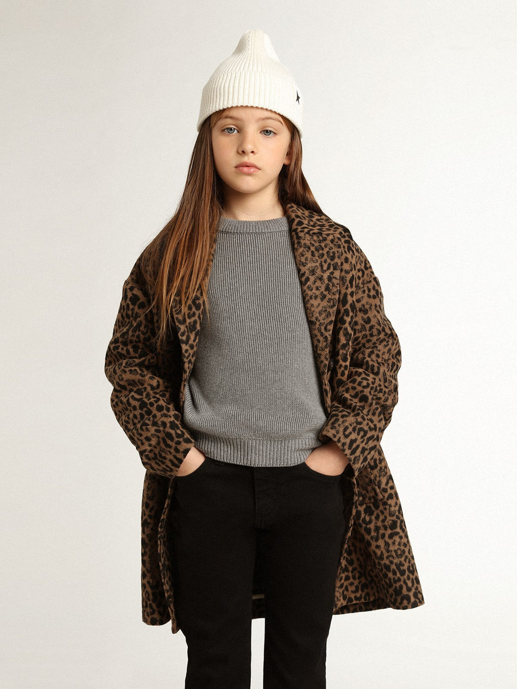 Girls' single-breasted coat in wool with jacquard animal print| Golden Goose