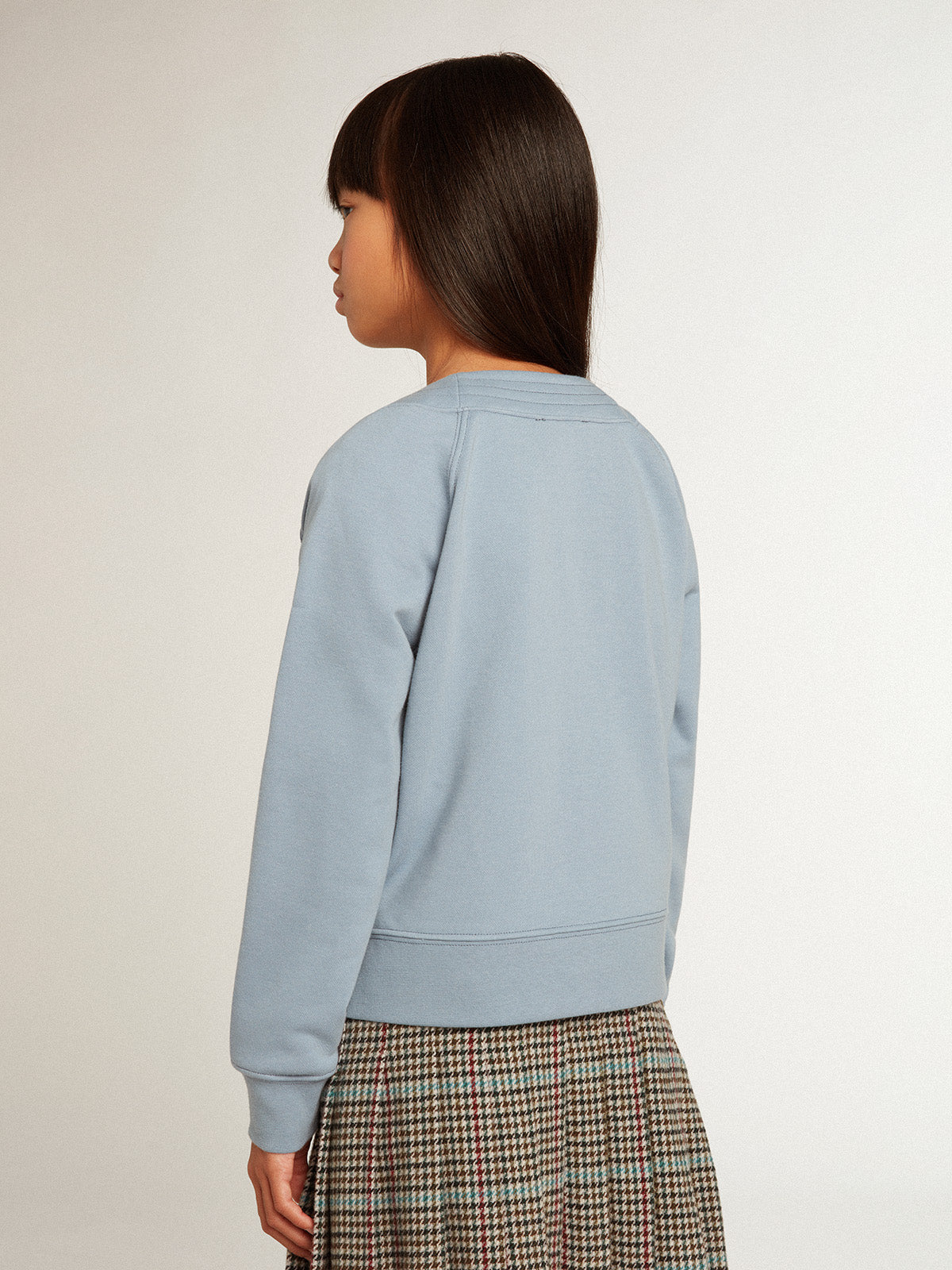 Girls' light blue cotton cardigan with beaded lettering| Golden Goose