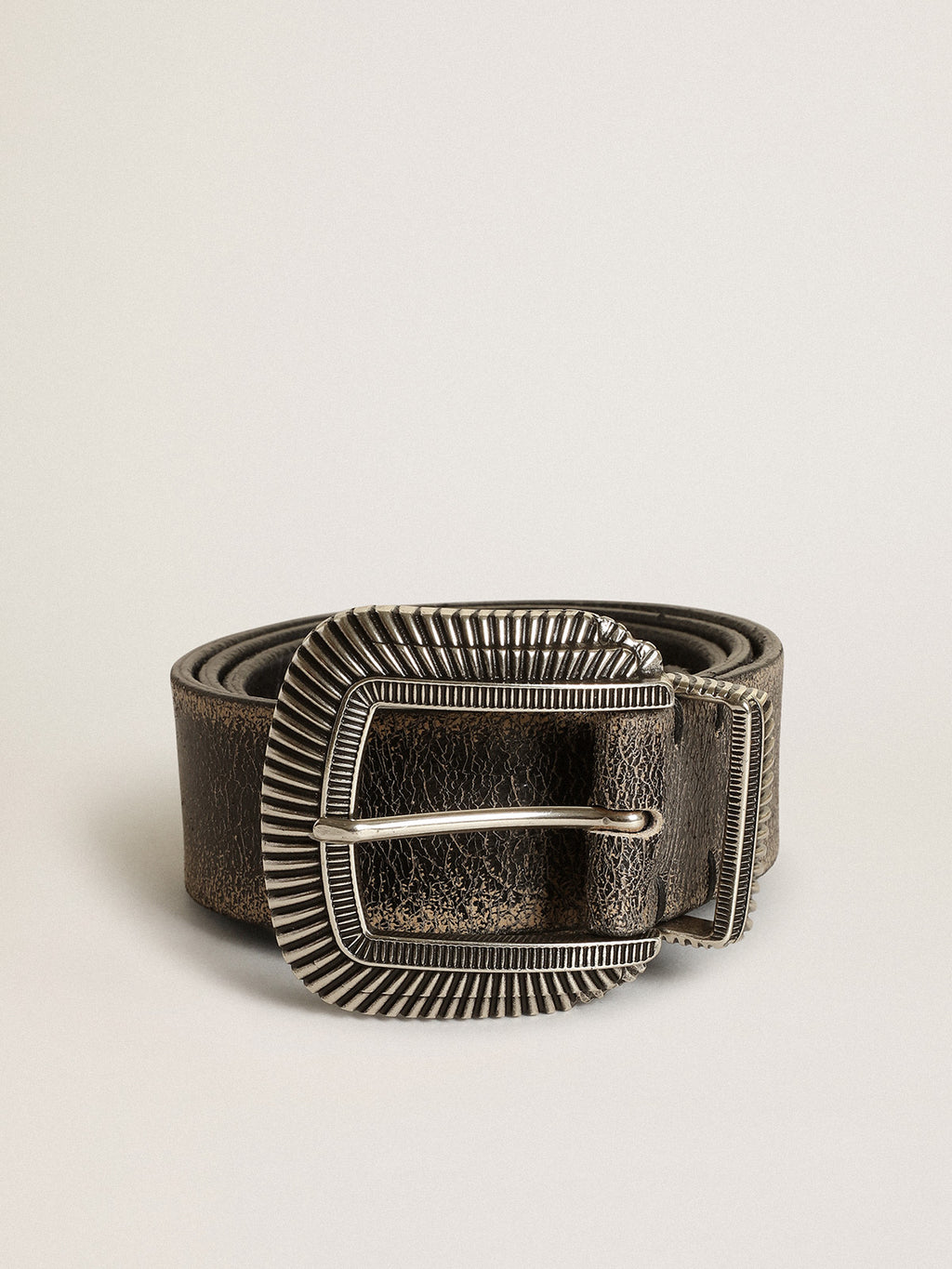Men's belt in black leather with decorated buckle| Golden Goose