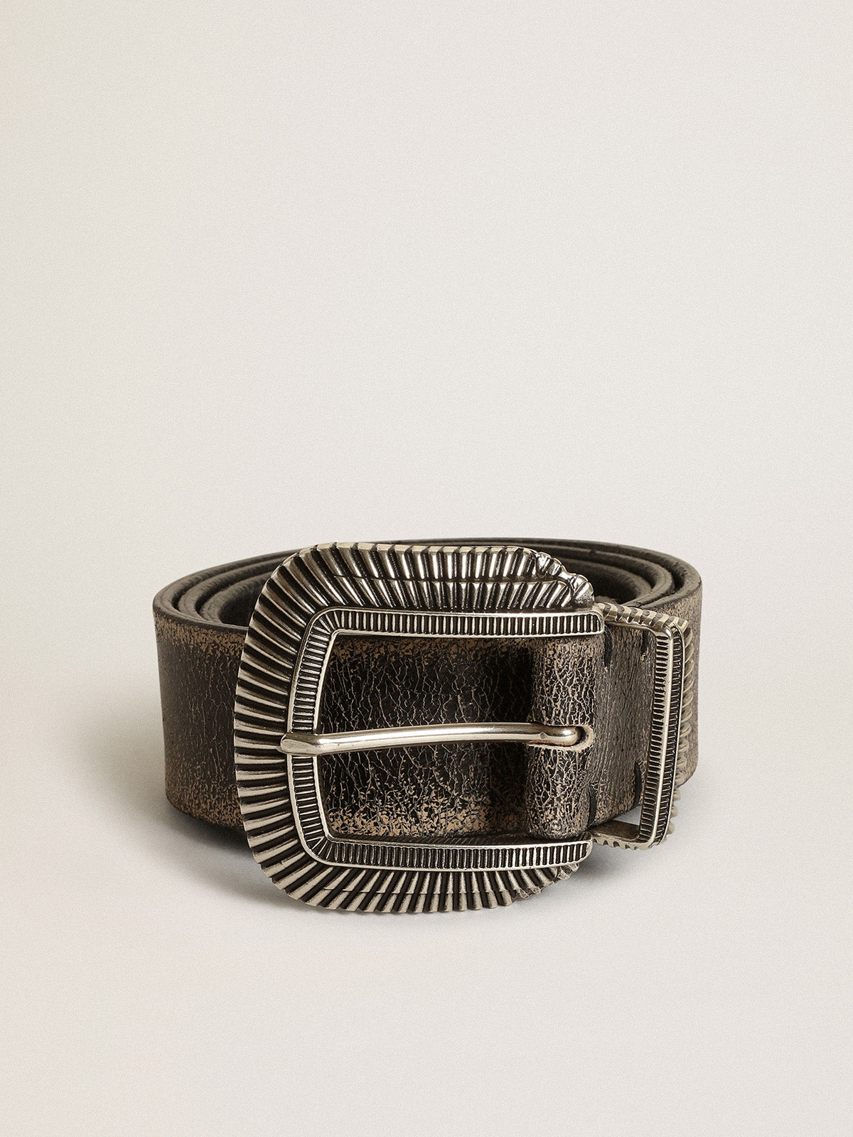 Men's belt in black leather with decorated buckle| Golden Goose