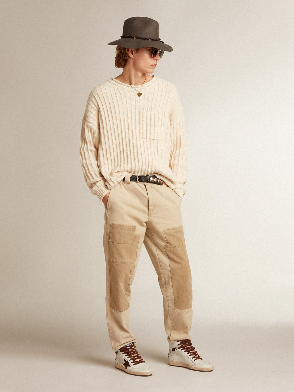 Men's Sky-Star in white nappa leather with a chocolate suede star| Golden Goose