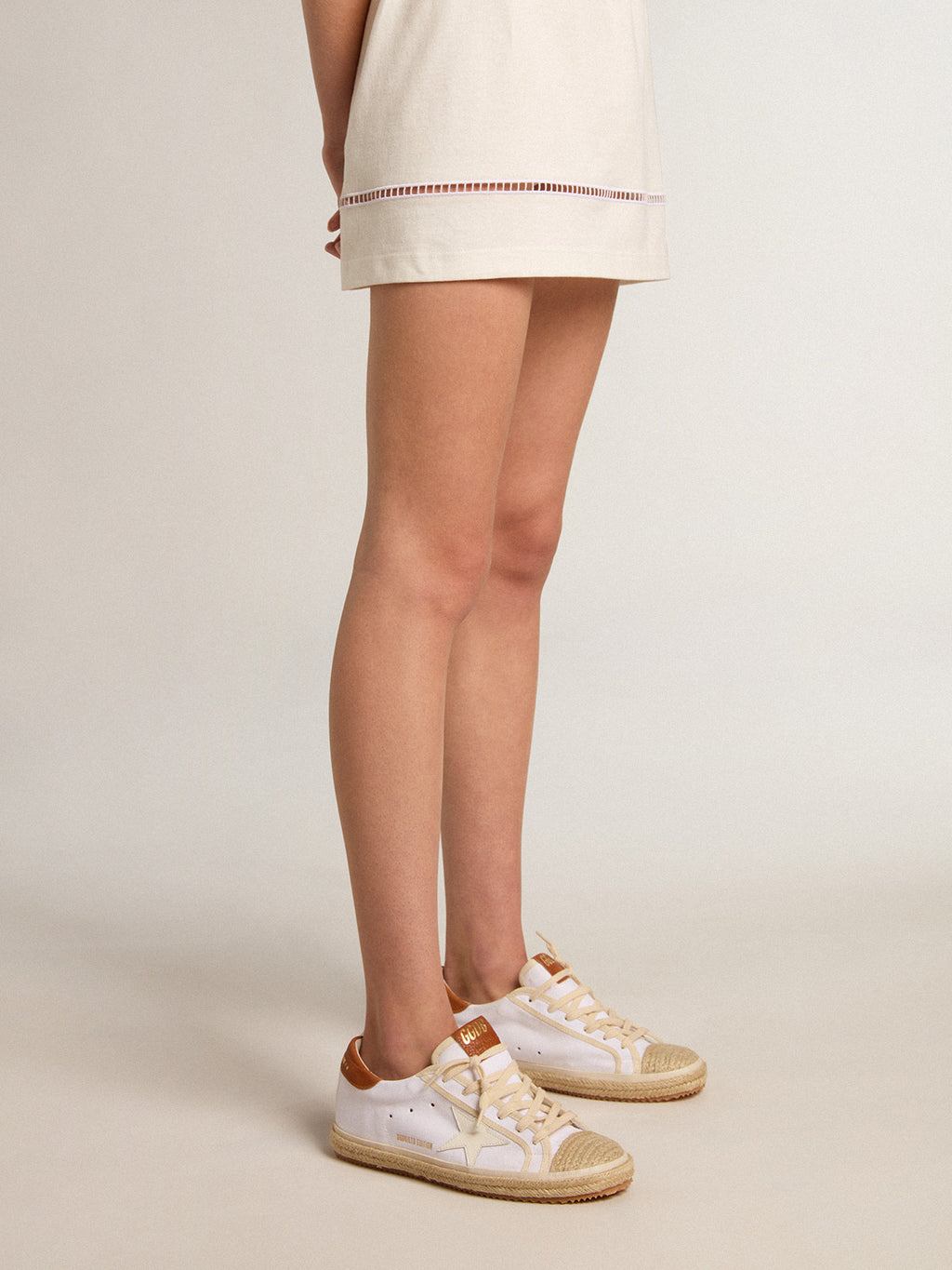 Women's Super-Star LTD in canvas with white leather star and raffia toe| Golden Goose