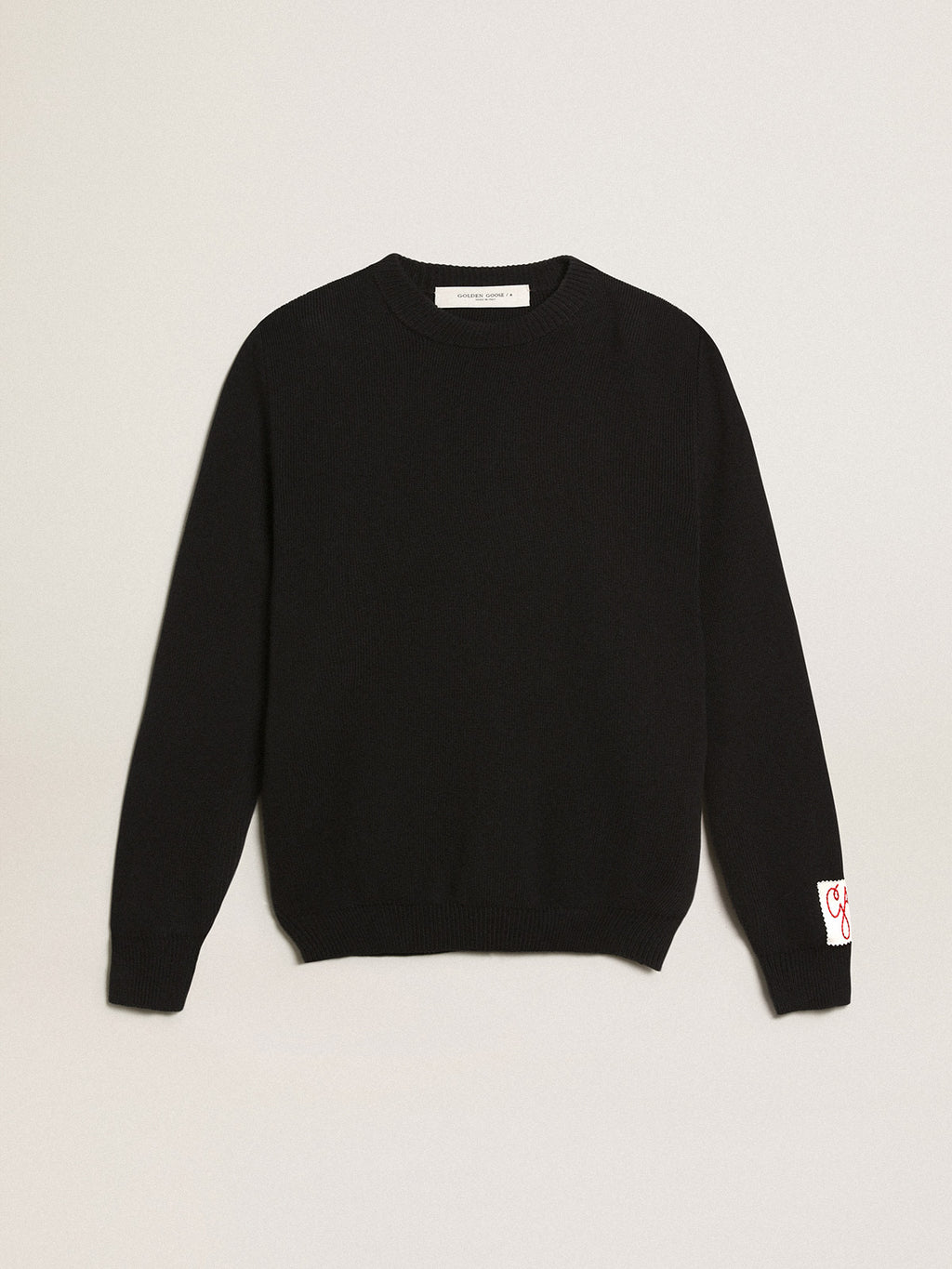 Women's round-neck sweater in dark blue cotton with logo on the back| Golden Goose