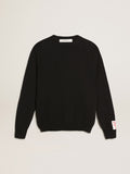 Women's round-neck sweater in dark blue cotton with logo on the back| Golden Goose