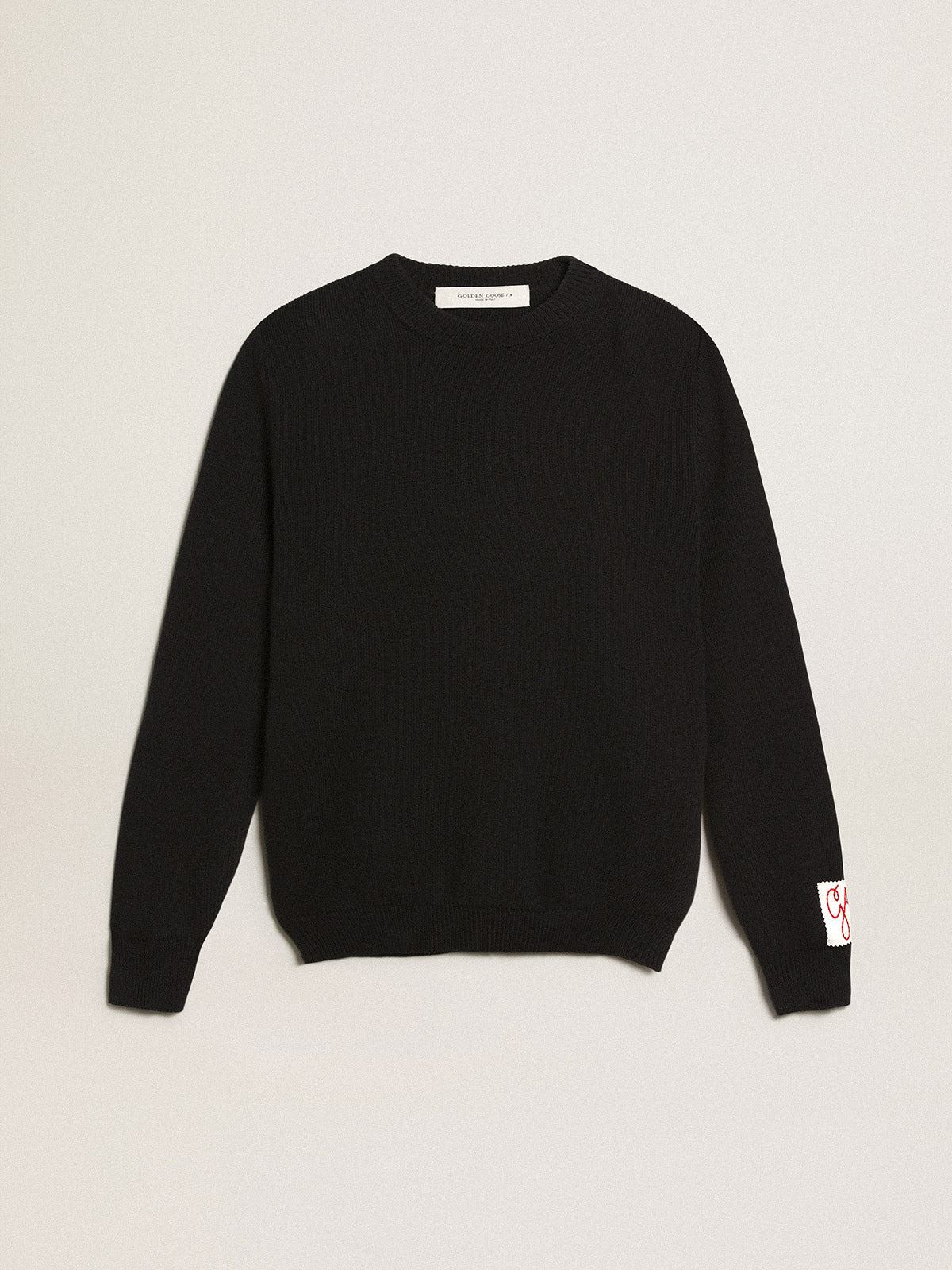 Women's round-neck sweater in dark blue cotton with logo on the back| Golden Goose