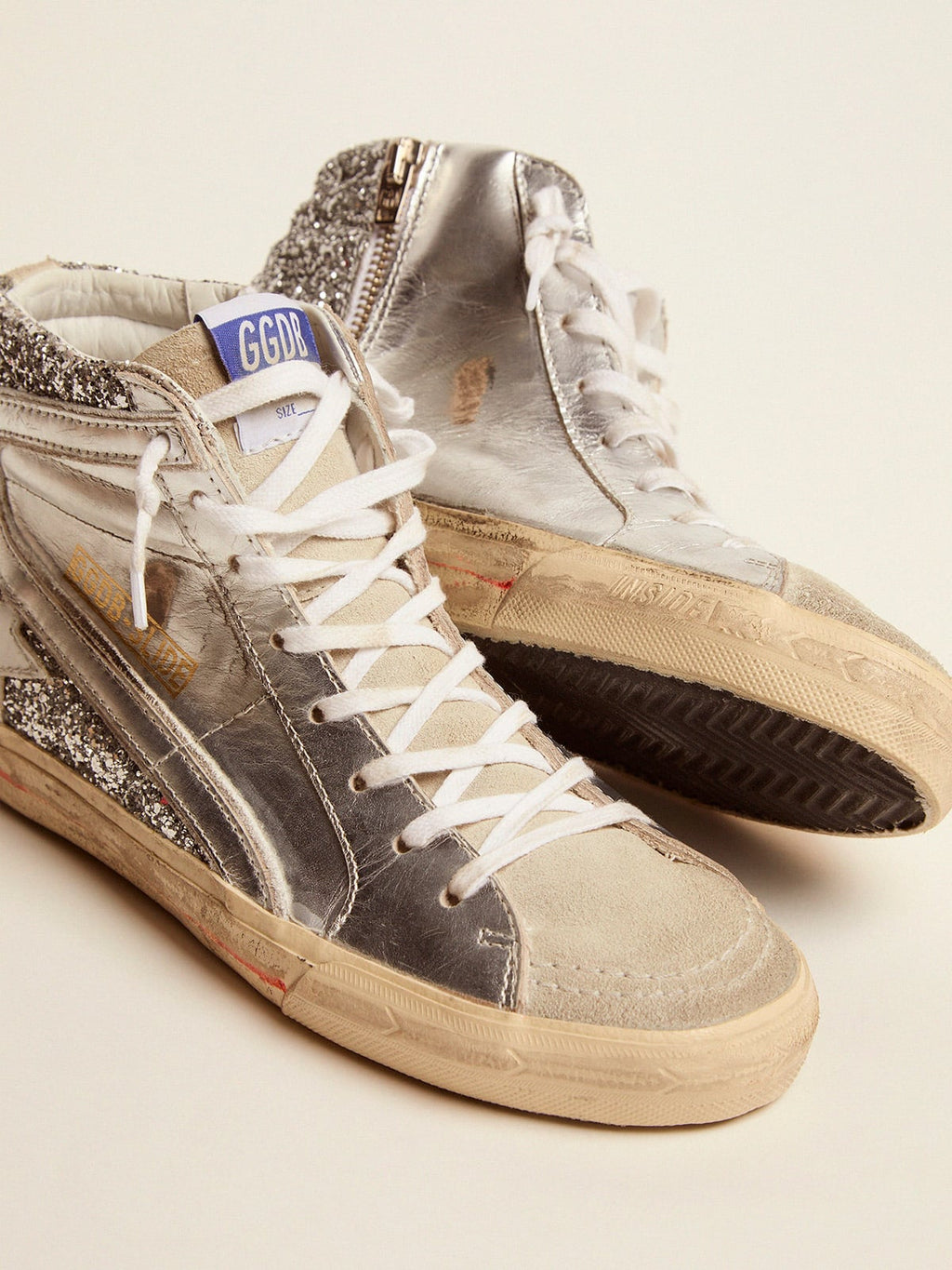 Women's Slide with laminated leather upper and silver glitter| Golden Goose
