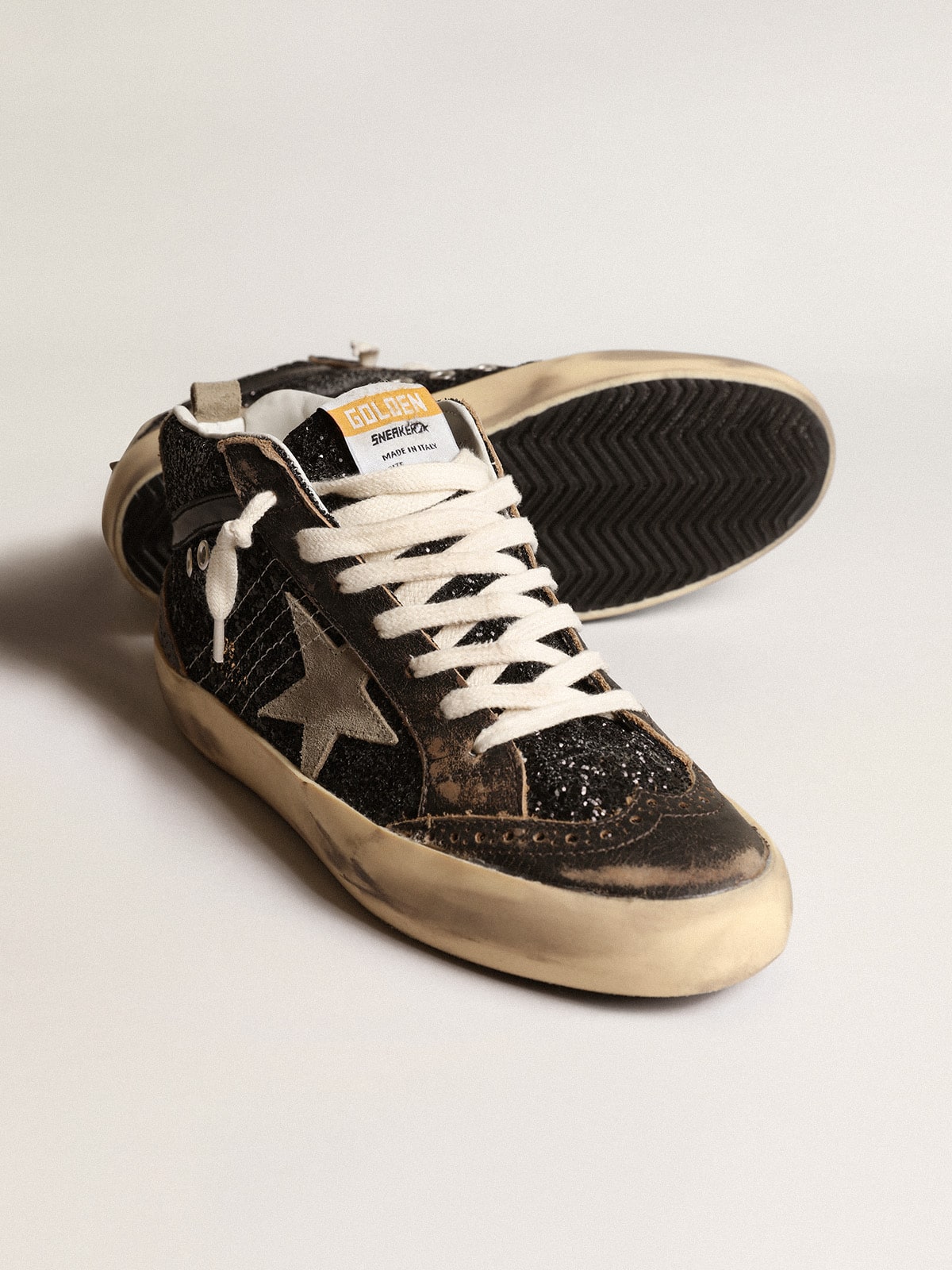 Women's Mid Star in black glitter with dove-gray suede star and heel tab| Golden Goose
