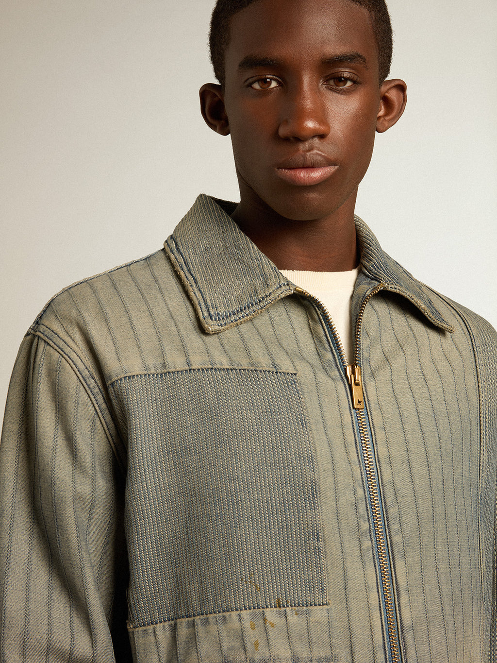 Men's denim jacket with stripes and patches on the front| Golden Goose