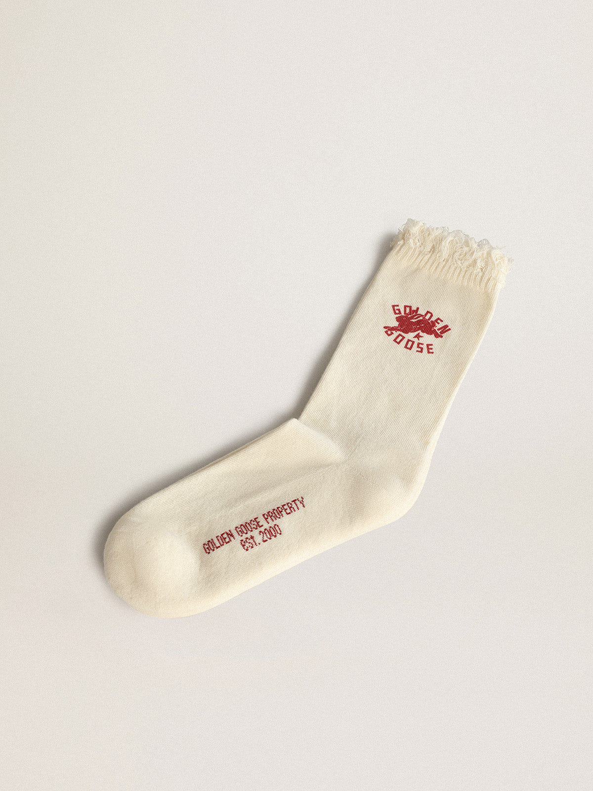 Heritage white socks with frayed edges and CNY logo| Golden Goose
