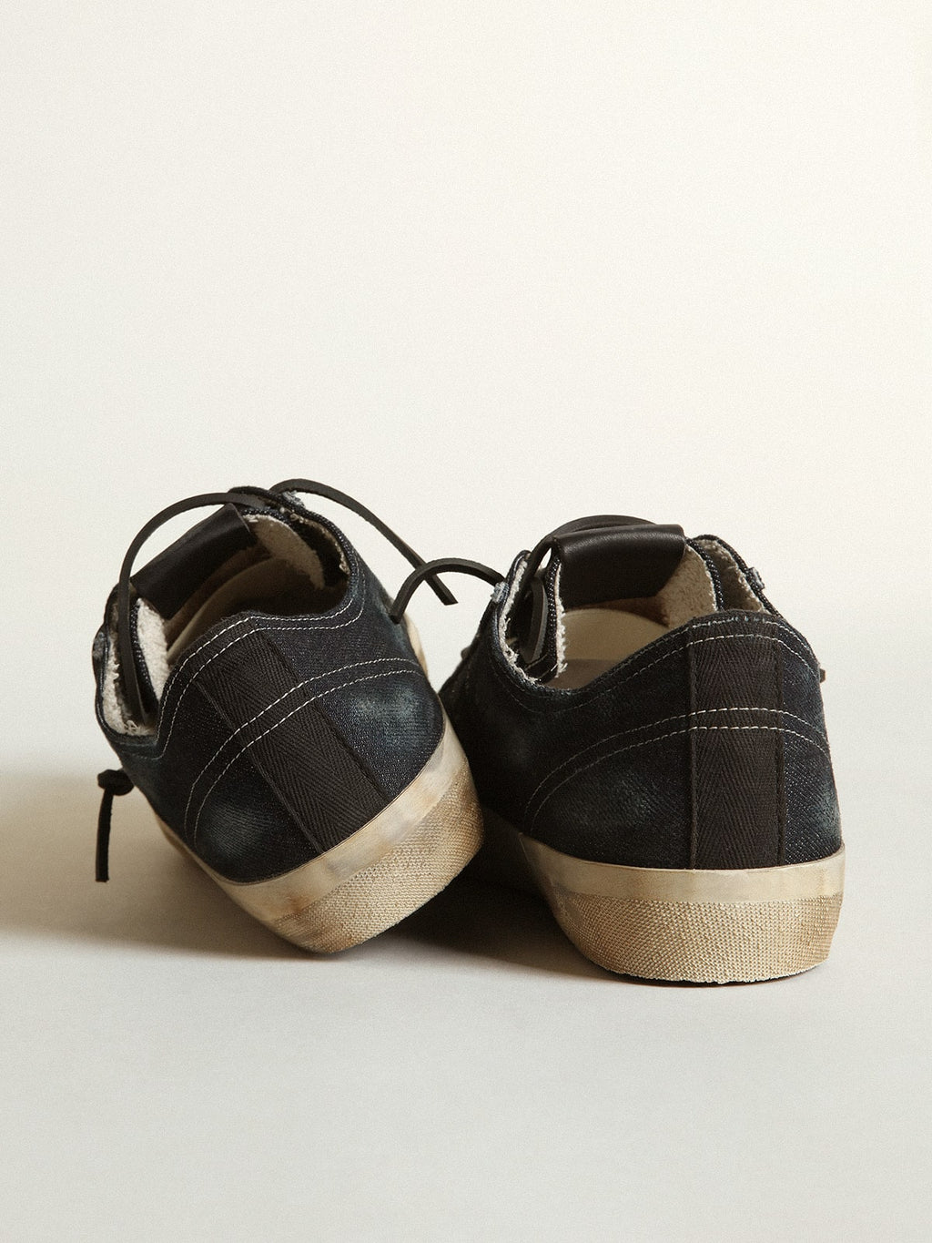 V-Star sneakers in midnight-blue denim with black leather star and toe| Golden Goose