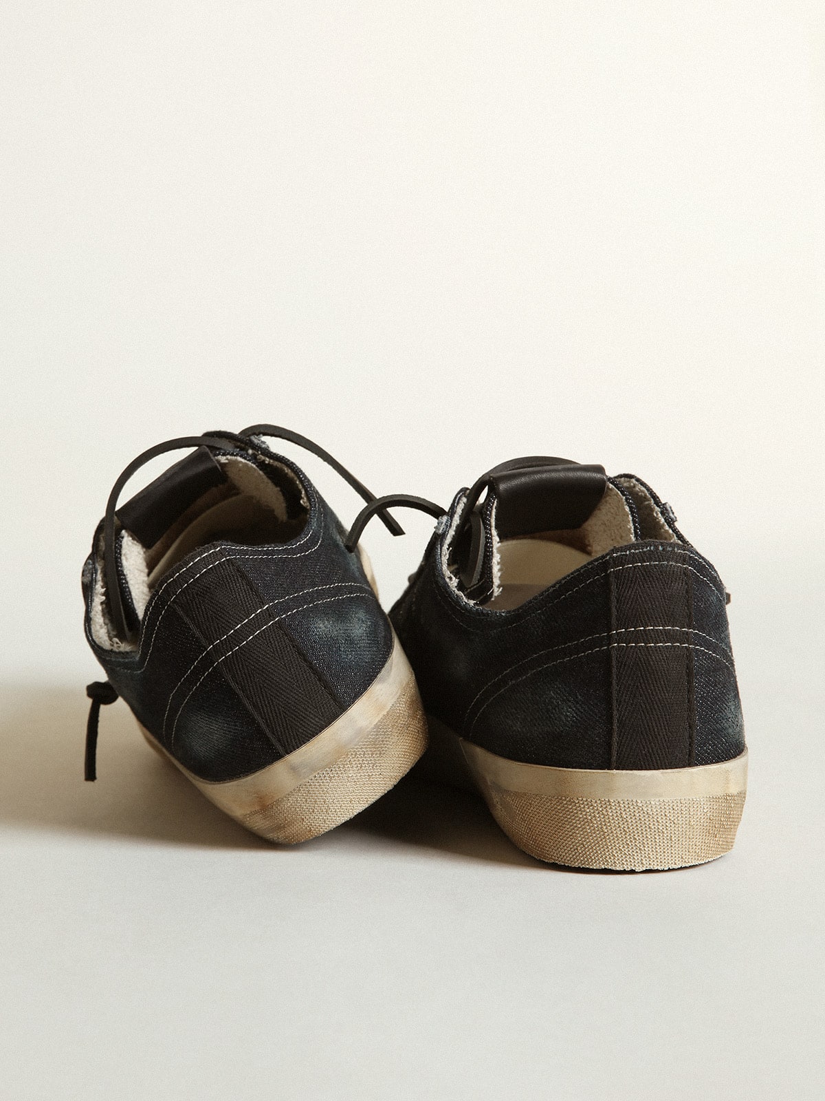 V-Star sneakers in midnight-blue denim with black leather star and toe| Golden Goose