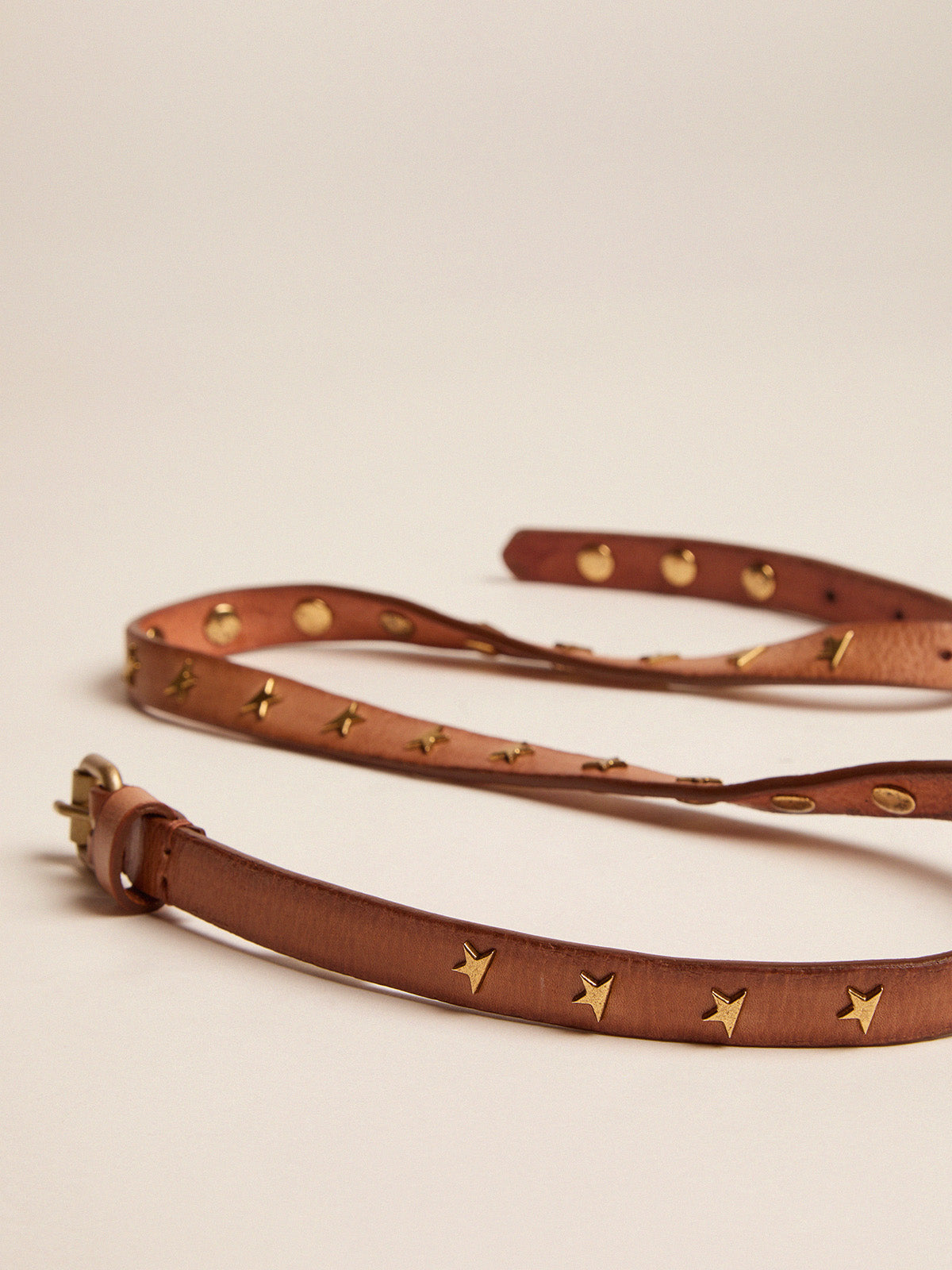 Molly tan leather belt with star-shaped studs| Golden Goose