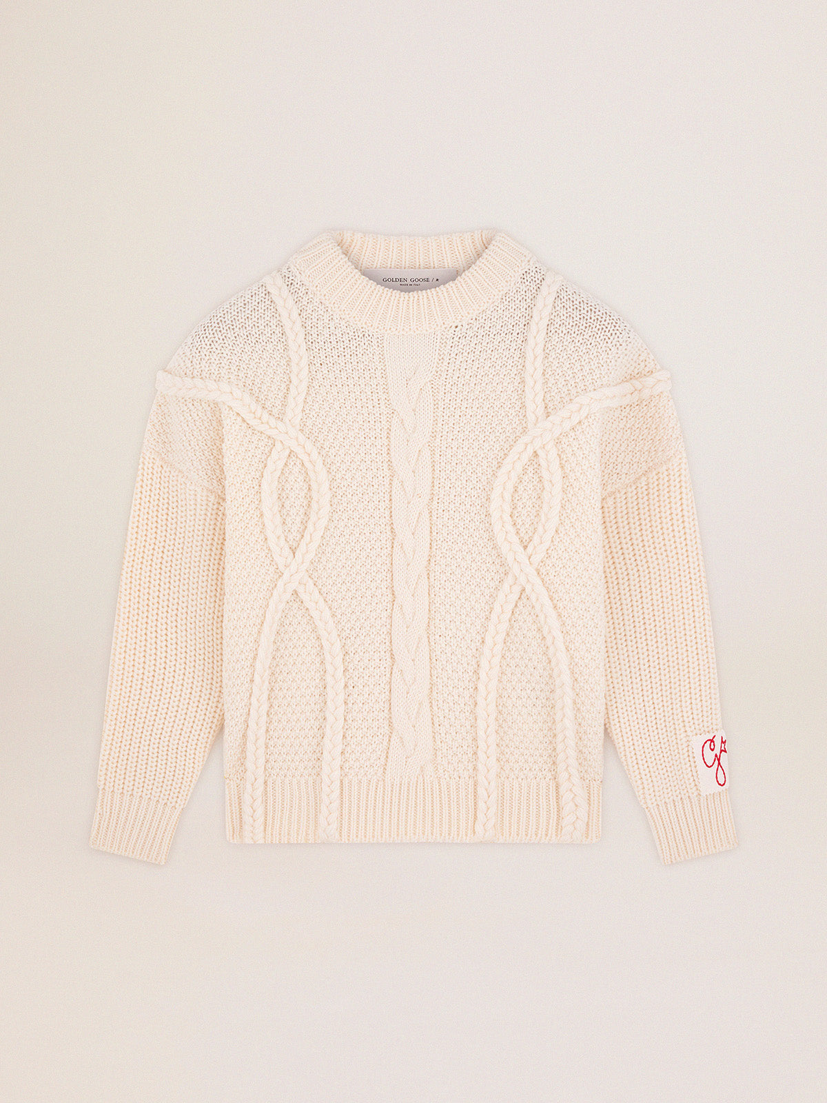 Women's crew-neck sweater in white wool| Golden Goose