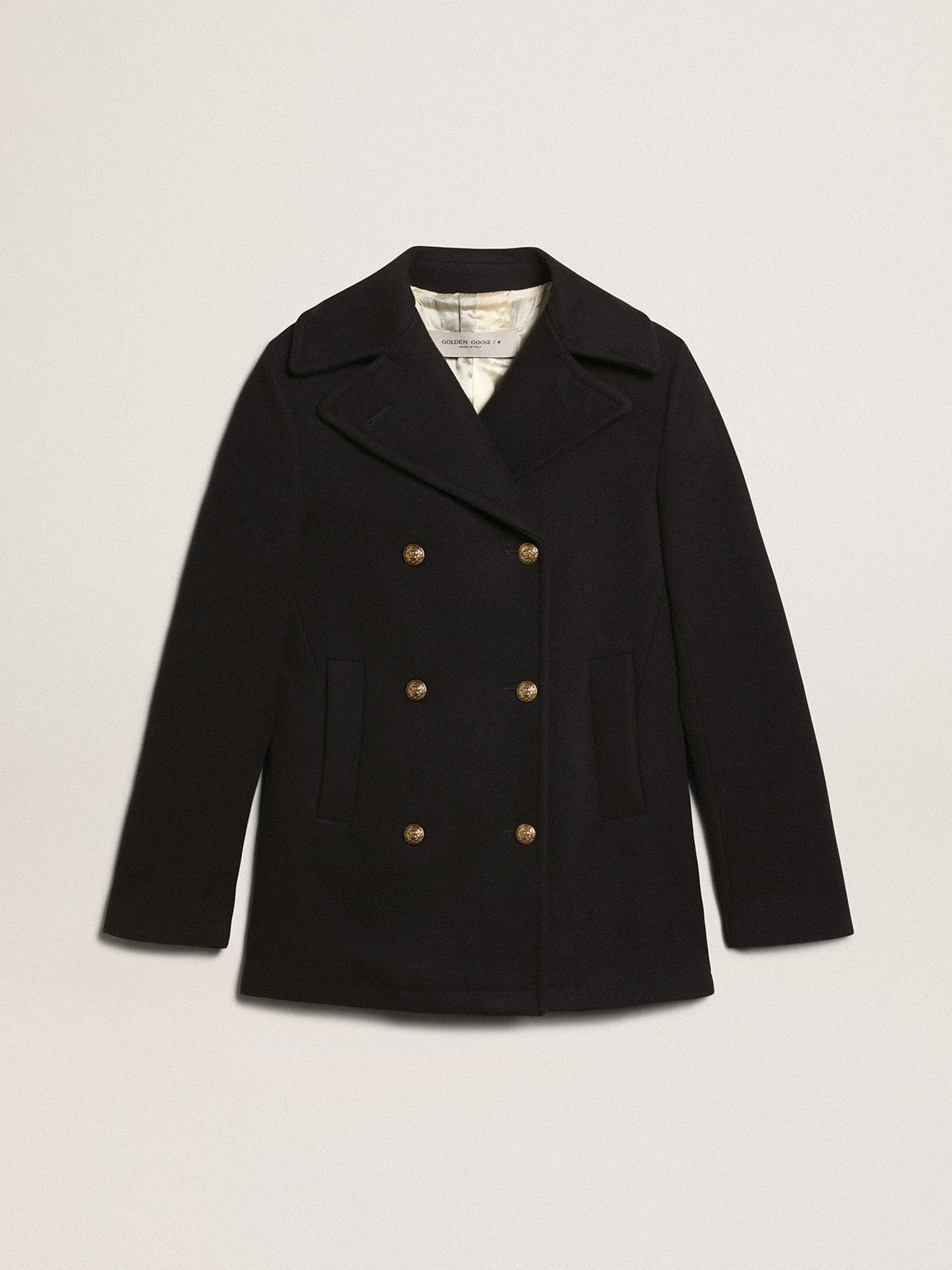 Women's dark blue peacoat with gold-colored heraldic buttons| Golden Goose