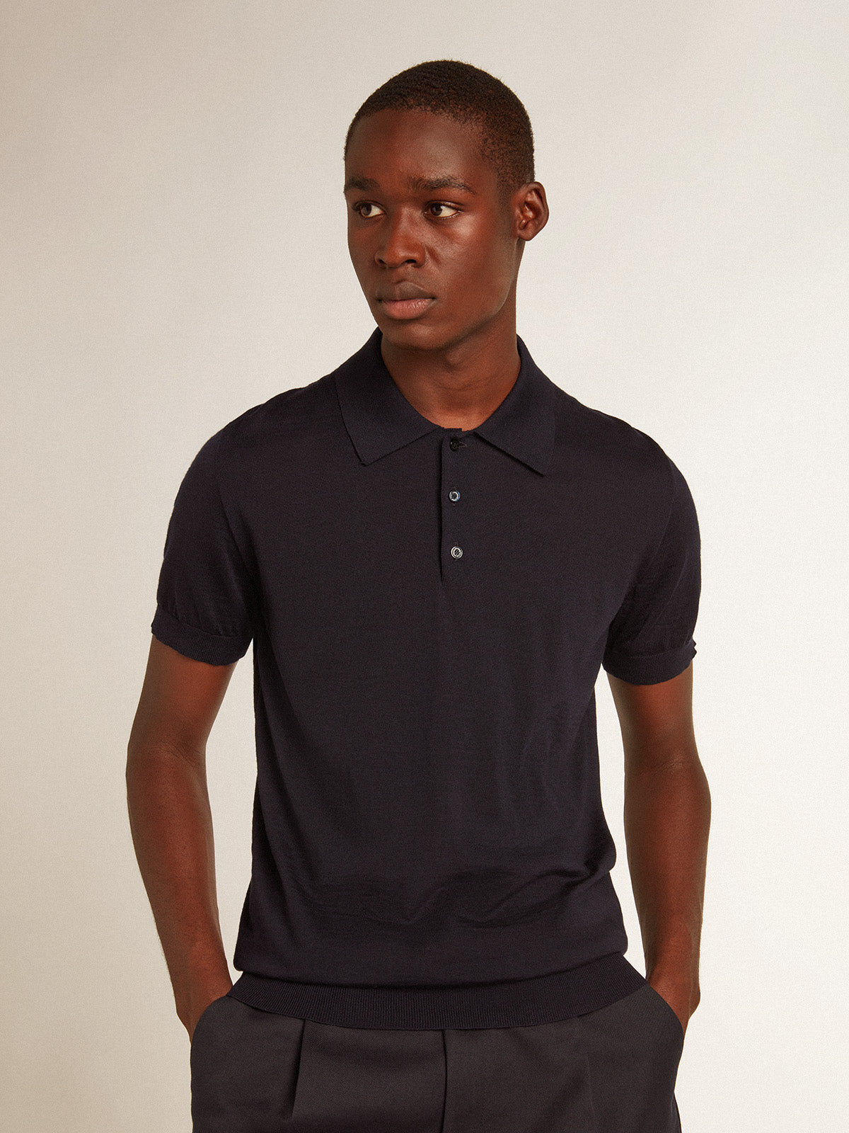 Men's short-sleeved polo shirt in navy-blue merino wool| Golden Goose