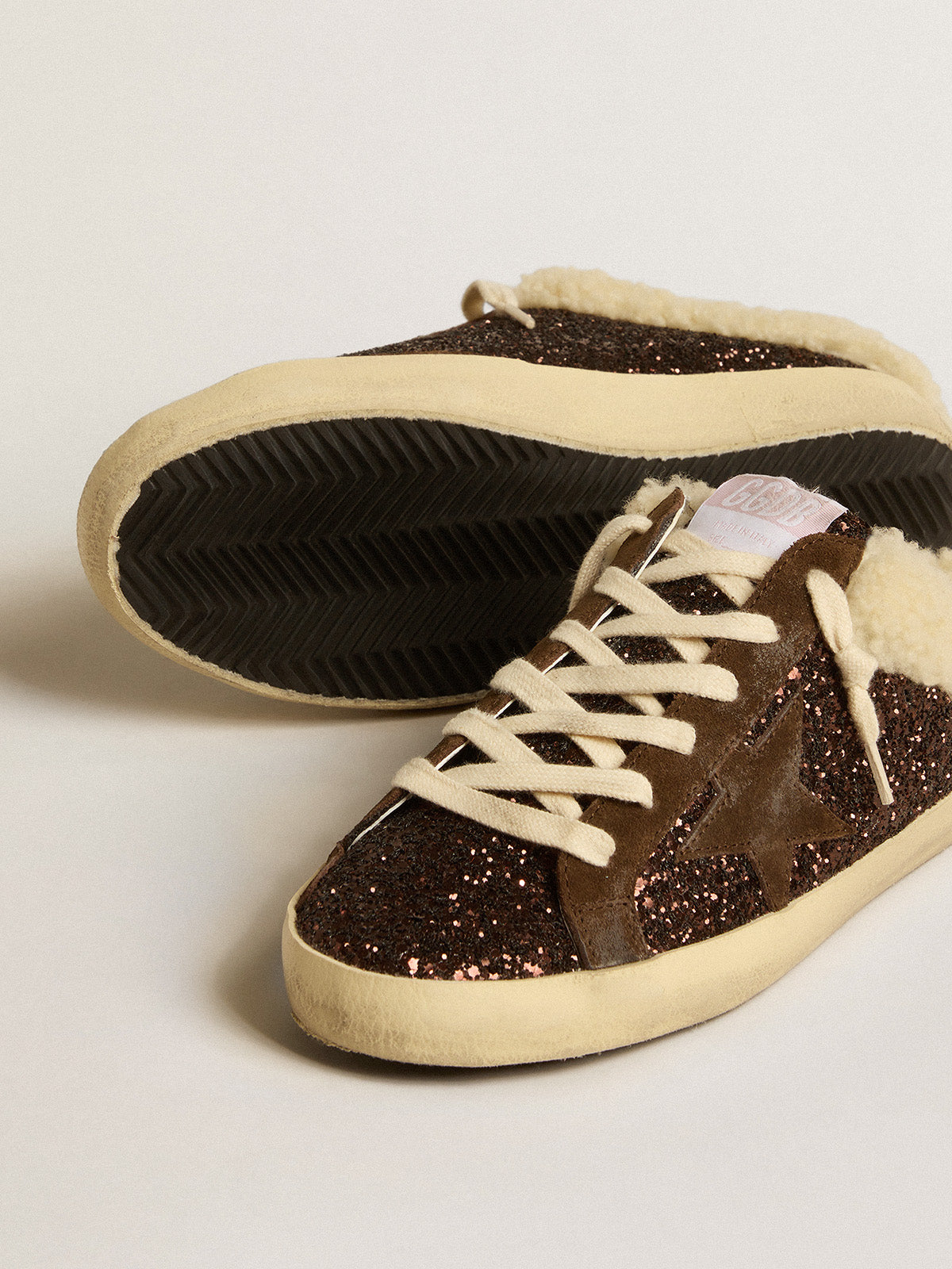 Super-Star Sabots in glitter with brown star and shearling lining| Golden Goose