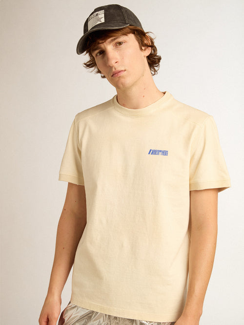 Aged white cotton T-shirt with blue Marathon logo| Golden Goose