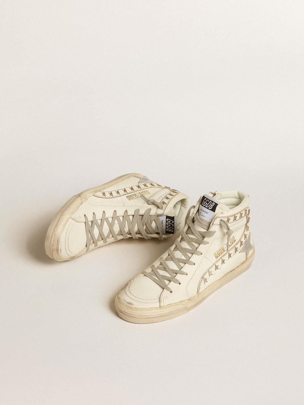 Slide with silver metallic leather star and leather flash with stars| Golden Goose