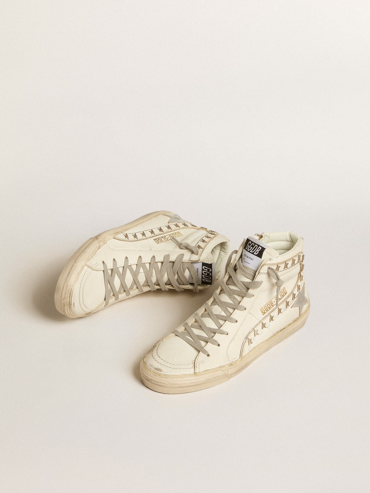 Slide with silver metallic leather star and leather flash with stars| Golden Goose