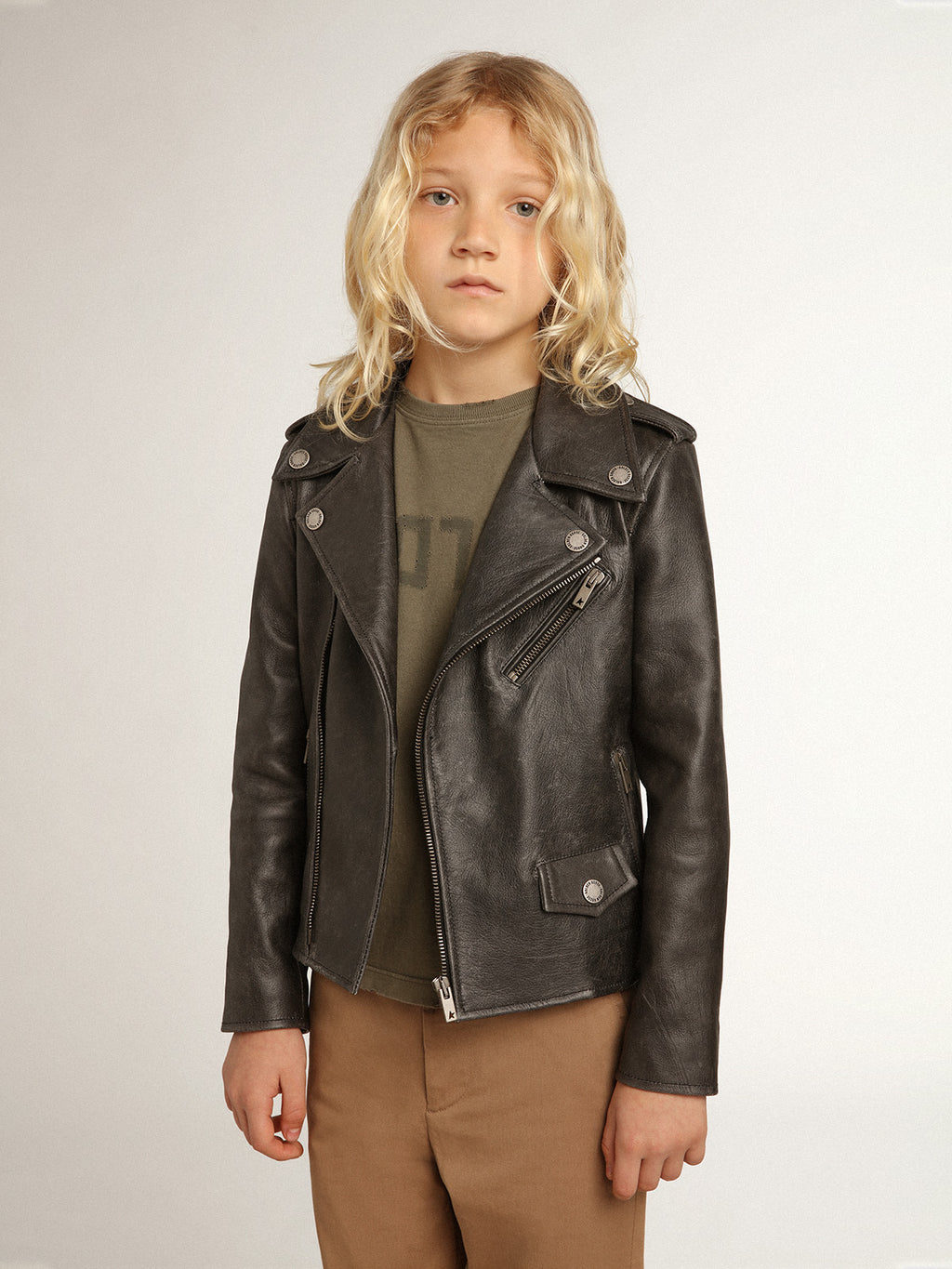 Boys' biker jacket in distressed leather| Golden Goose